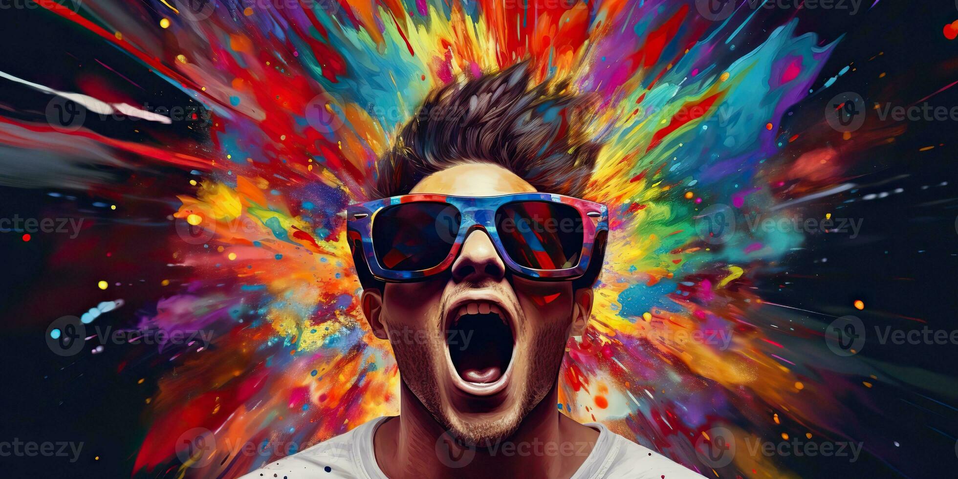 AI Generated. AI Generative. Vibrant multi color explosion holi powder boom with handsome man portrait in sunglasses. Graphic Art photo