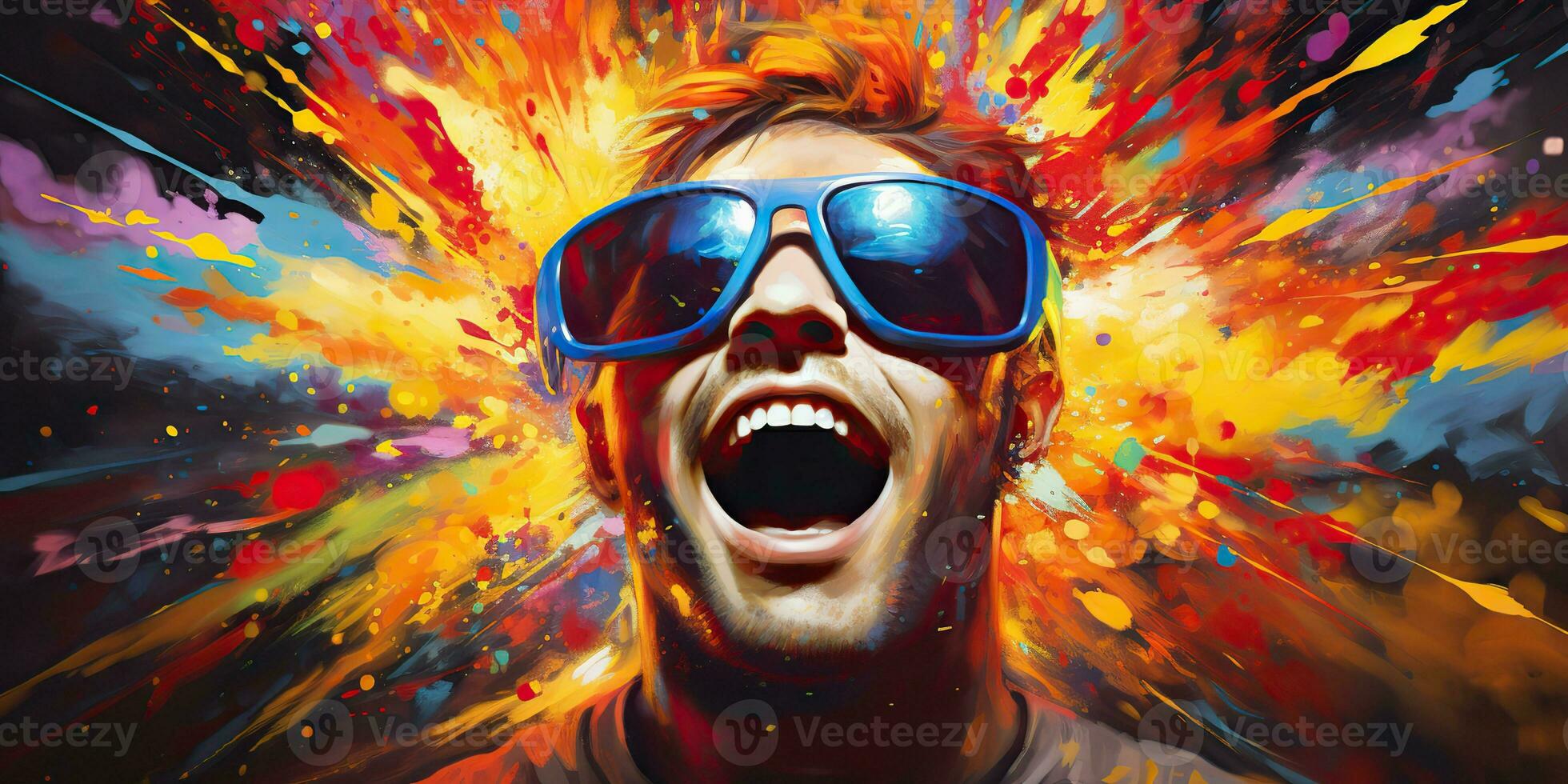AI Generated. AI Generative. Vibrant multi color explosion holi powder boom with handsome man portrait in sunglasses. Graphic Art photo