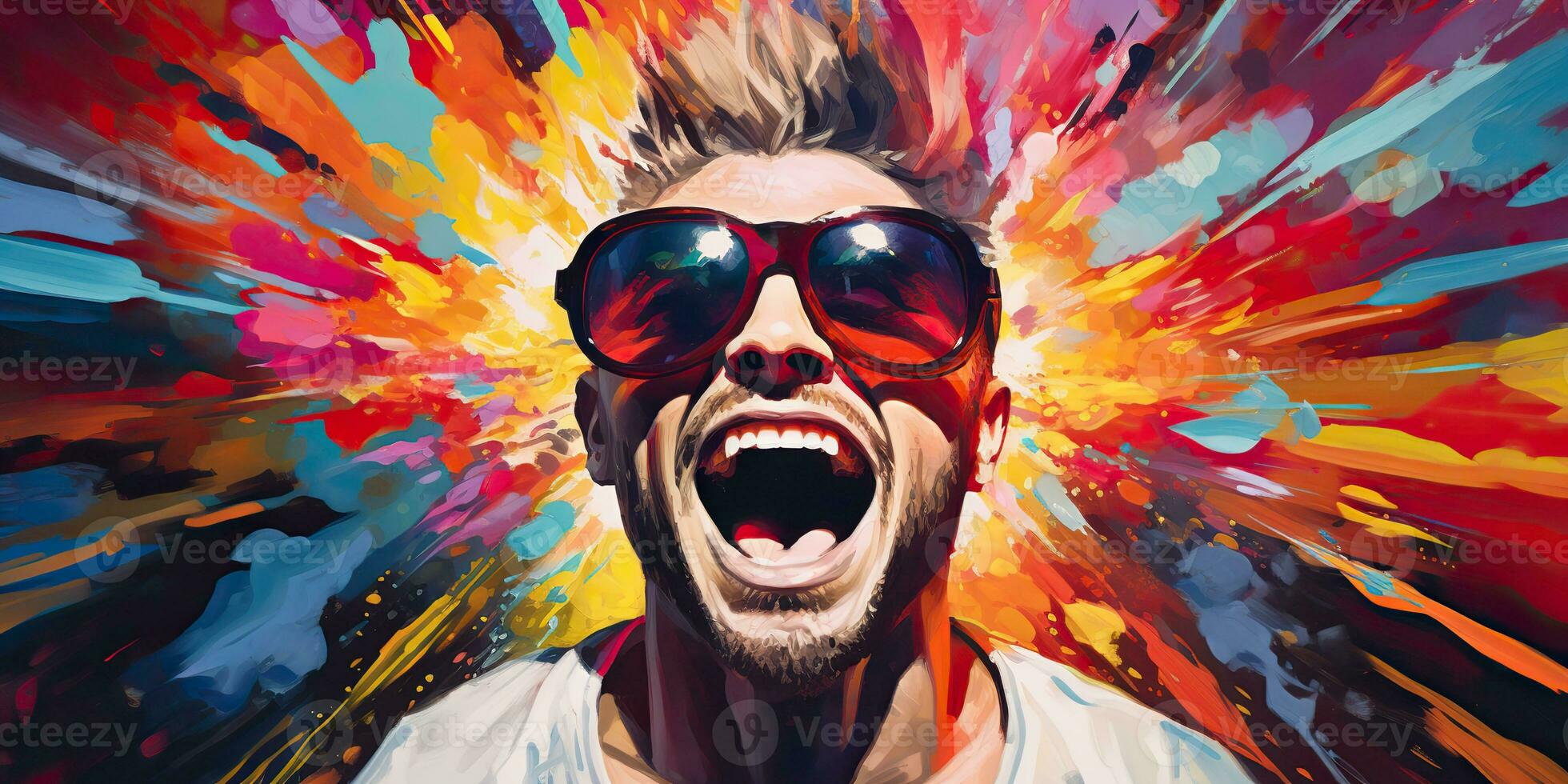 ai generado. ai generativo. vibrante multi color explosión holi polvo auge con hermoso hombre retrato en Gafas de sol. gráfico Arte foto