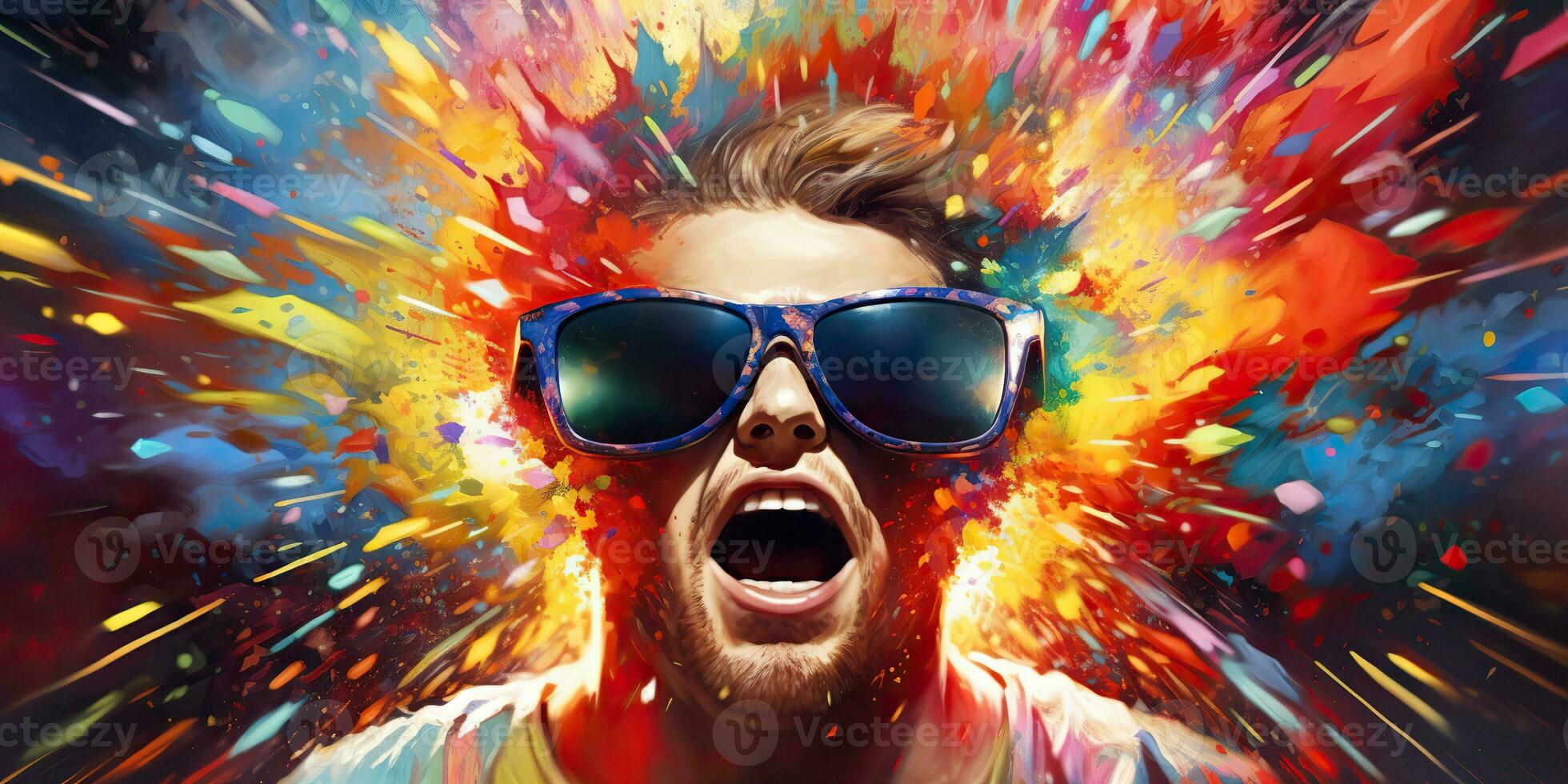 AI Generated. AI Generative. Vibrant multi color explosion holi powder boom with handsome man portrait in sunglasses. Graphic Art photo