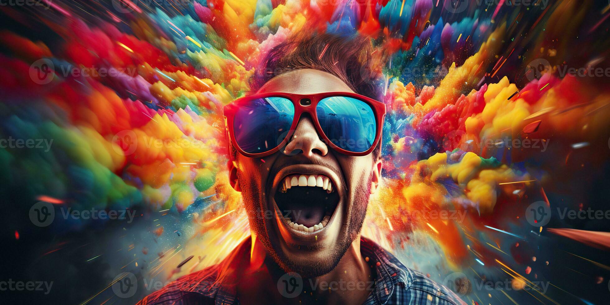 AI Generated. AI Generative. Vibrant multi color explosion holi powder boom with handsome man portrait in sunglasses. Graphic Art photo