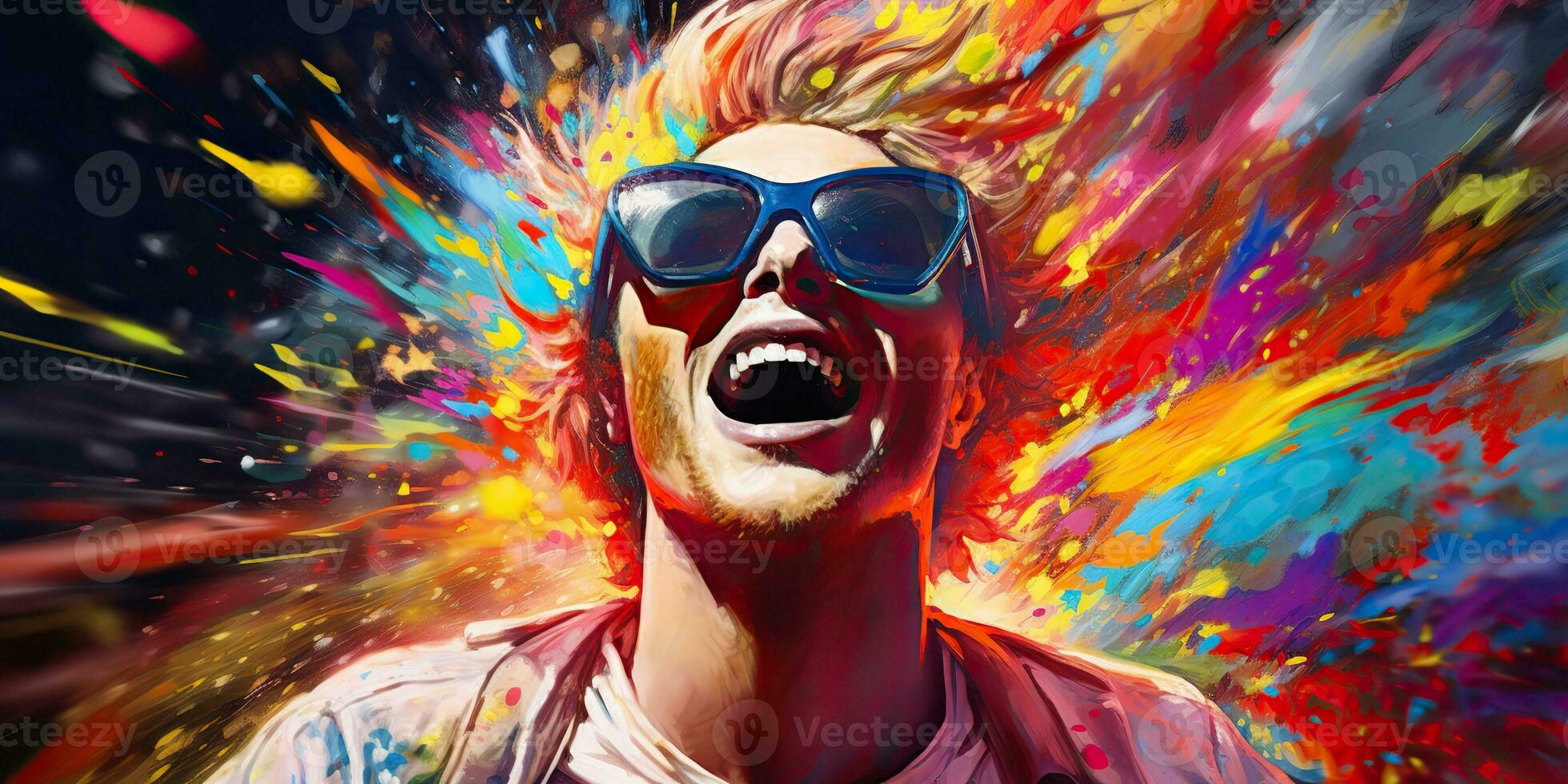 AI Generated. AI Generative. Vibrant multi color explosion holi powder boom with handsome man portrait in sunglasses. Graphic Art photo