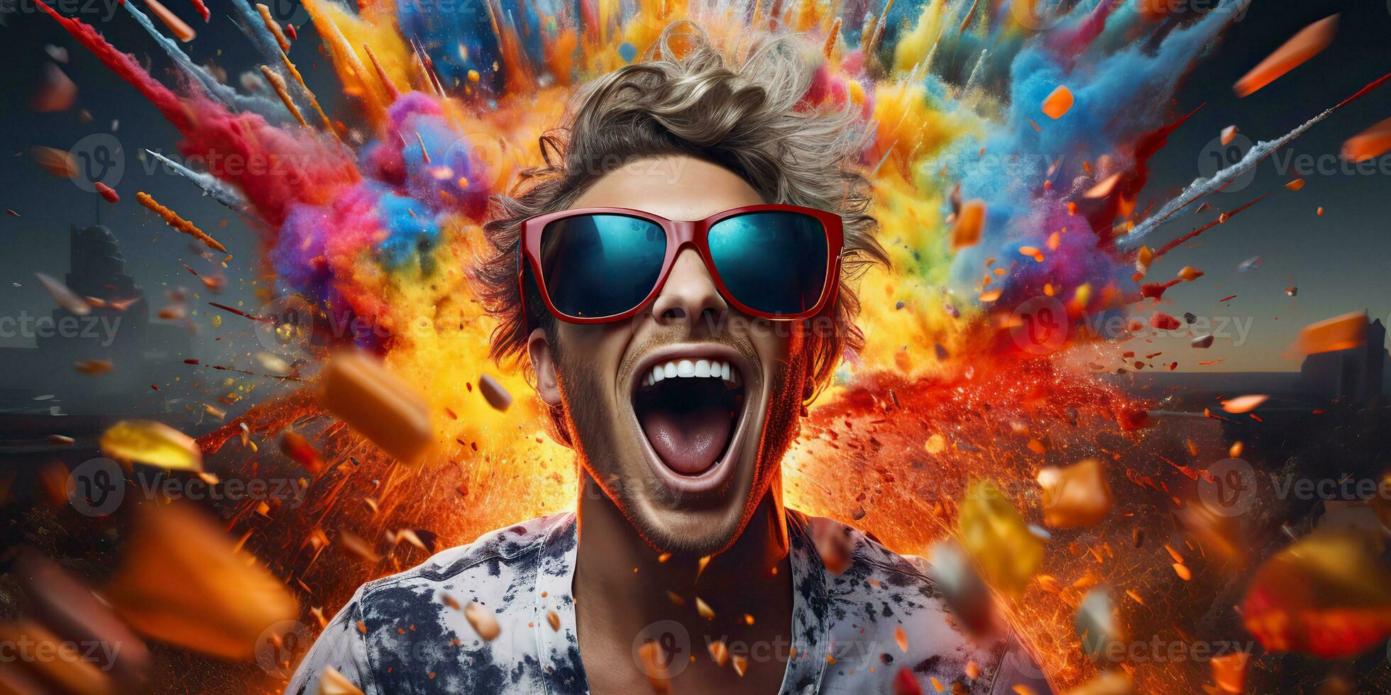 AI Generated. AI Generative. Vibrant multi color explosion holi powder boom with handsome man portrait in sunglasses. Graphic Art photo