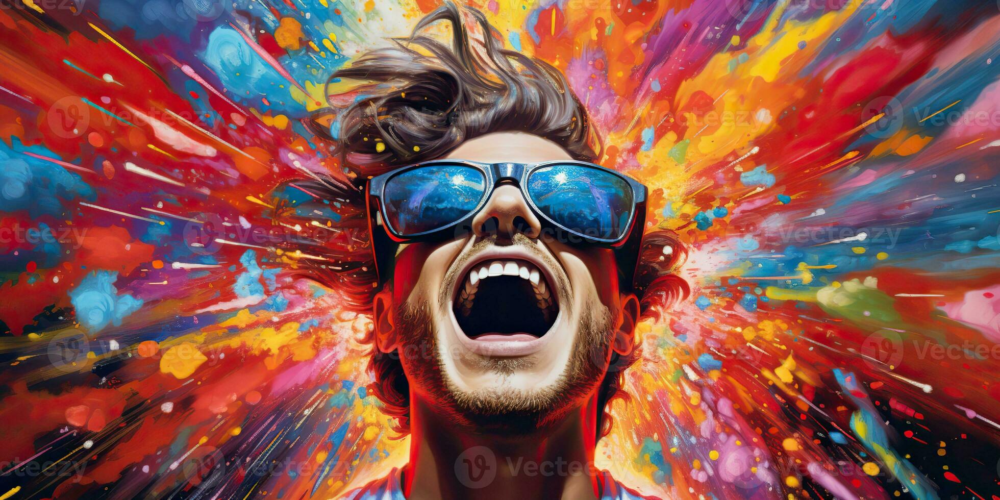 AI Generated. AI Generative. Vibrant multi color explosion holi powder boom with handsome man portrait in sunglasses. Graphic Art photo