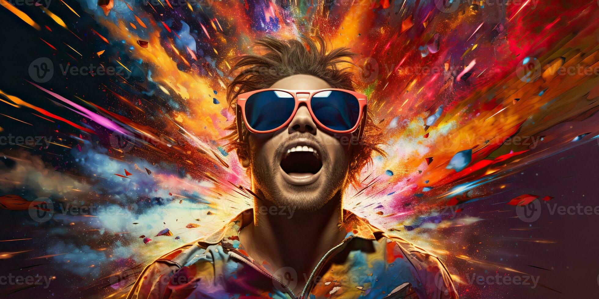 AI Generated. AI Generative. Vibrant multi color explosion holi powder boom with handsome man portrait in sunglasses. Graphic Art photo