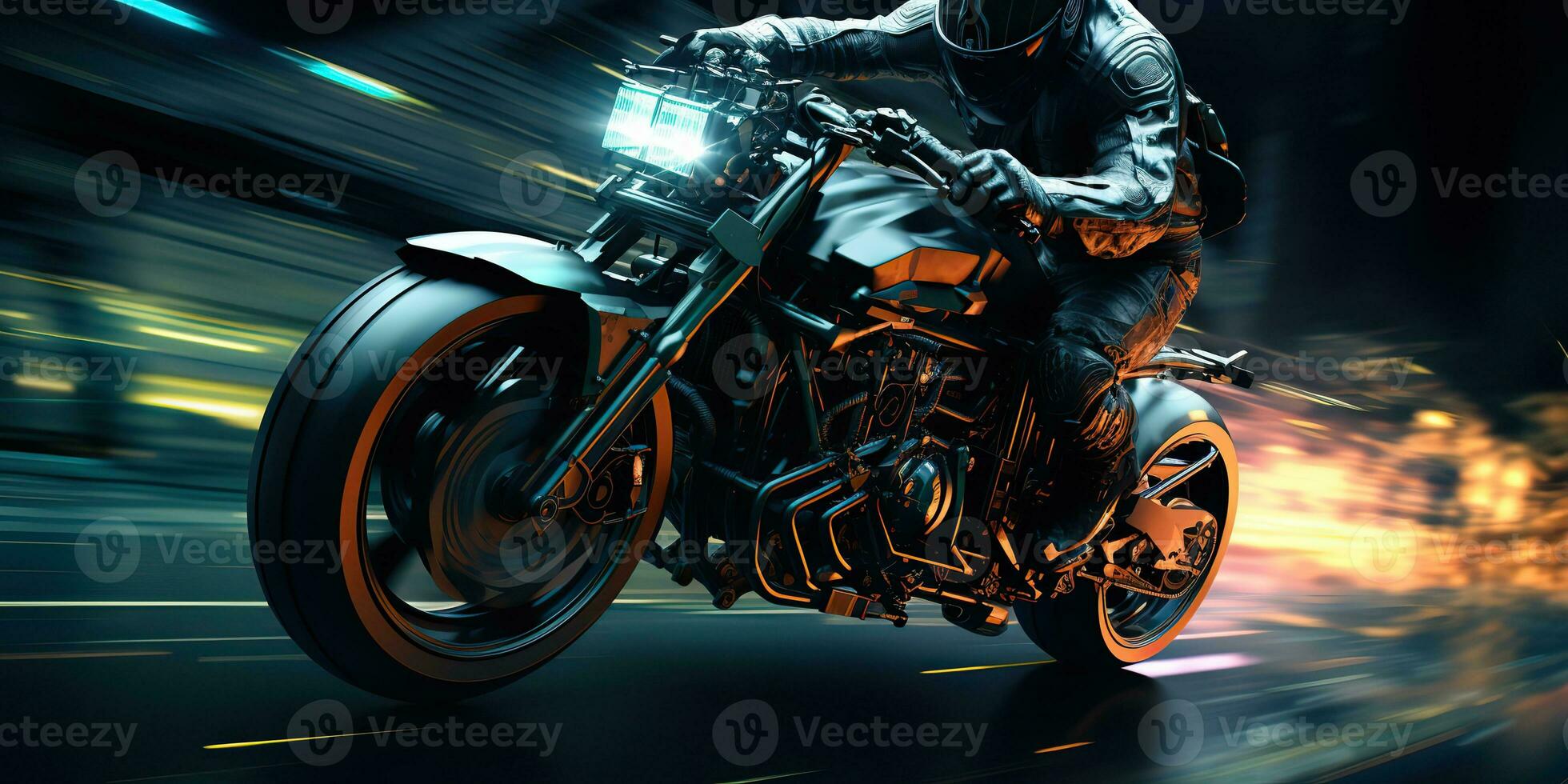 ai generado. ai generativo. moto motorista jinete en deporte futuro motocicleta en movimiento mover. cyberpunk sintetizador onda. gráfico Arte foto