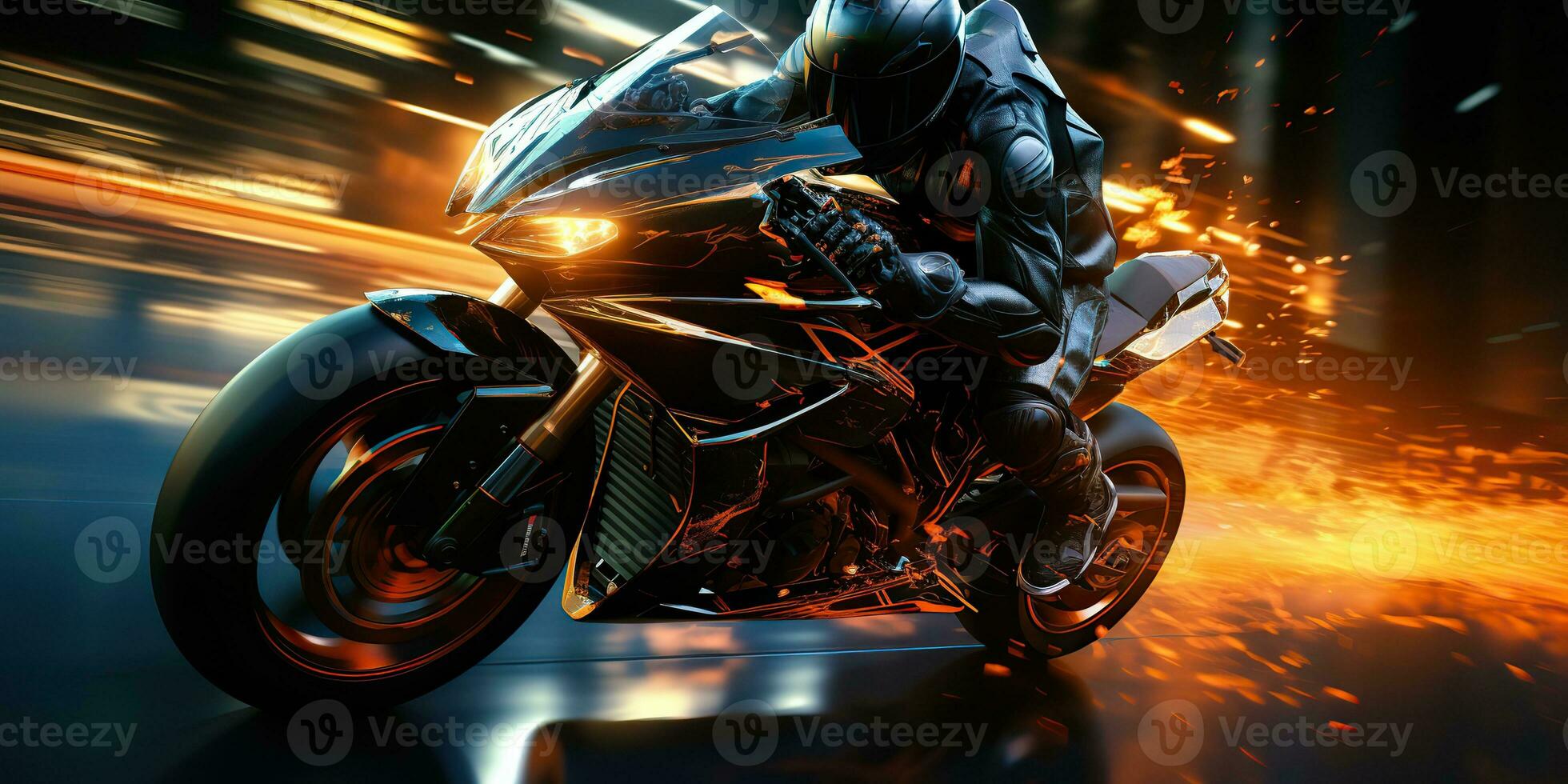 ai generado. ai generativo. moto motorista jinete en deporte futuro motocicleta en movimiento mover. cyberpunk sintetizador onda. gráfico Arte foto