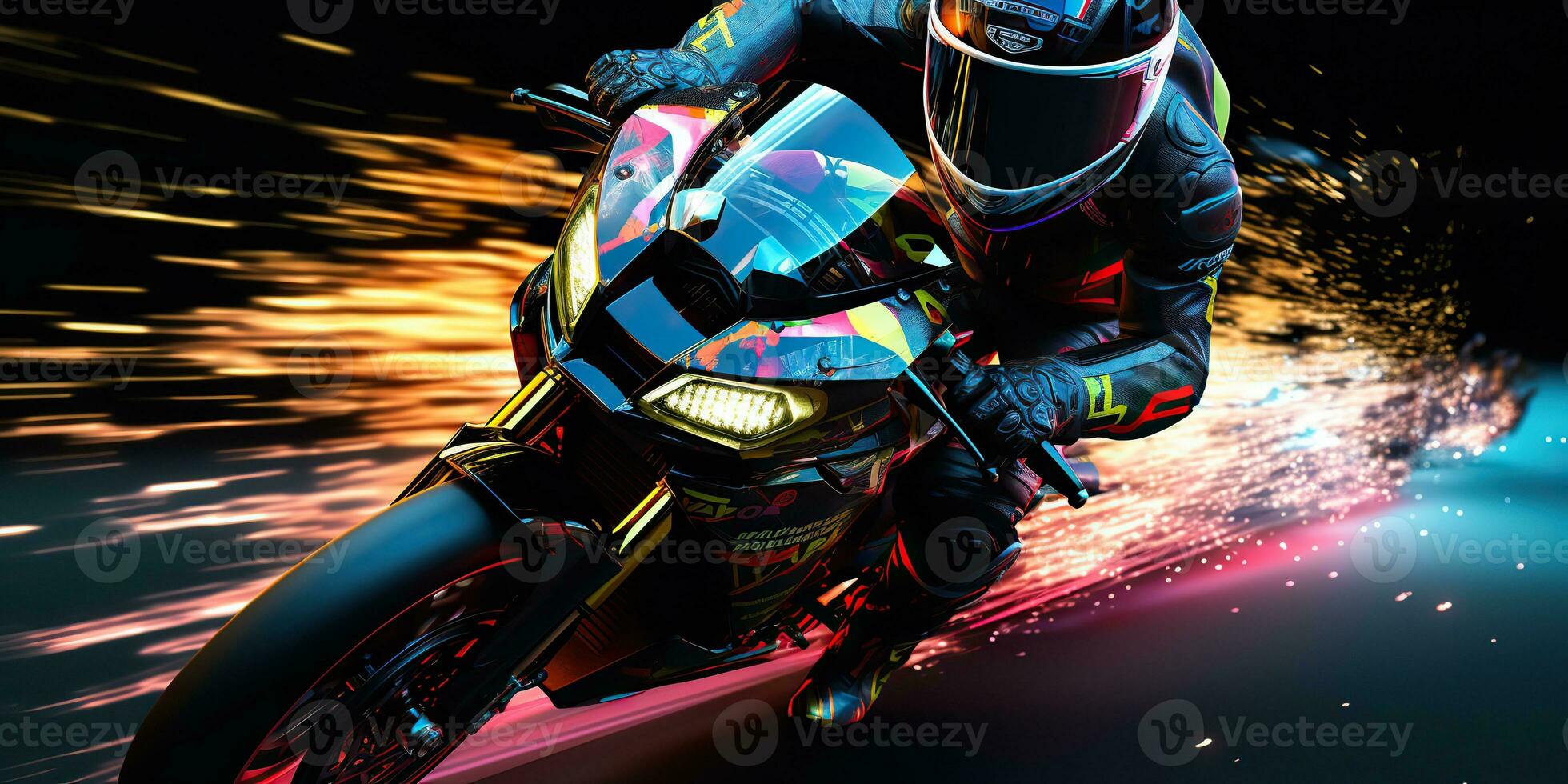 AI Generated. AI Generative. Motorbike biker rider on sport future motorcycle in motion move. Cyberpunk synthwave vibe. Graphic Art photo