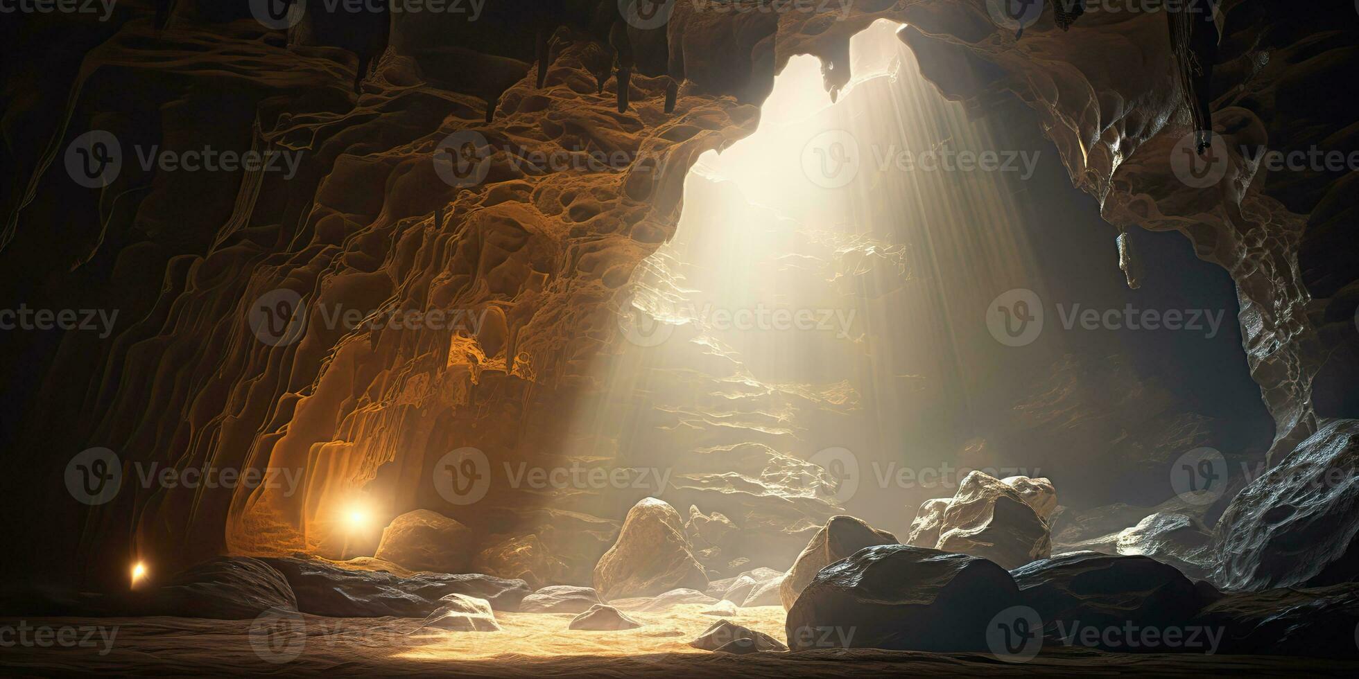 AI Generated. AI Generative. Old deep cave under earth witn sun ray light from above. Graphic Art photo