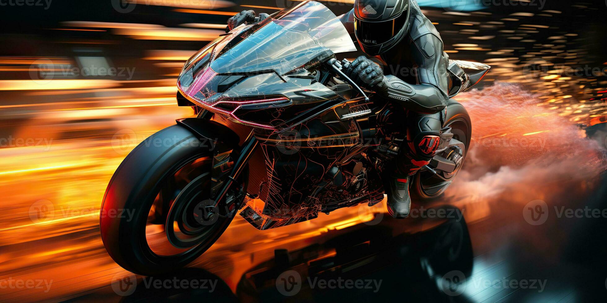 AI Generated. AI Generative. Motorbike biker rider on sport future motorcycle in motion move. Cyberpunk synthwave vibe. Graphic Art photo