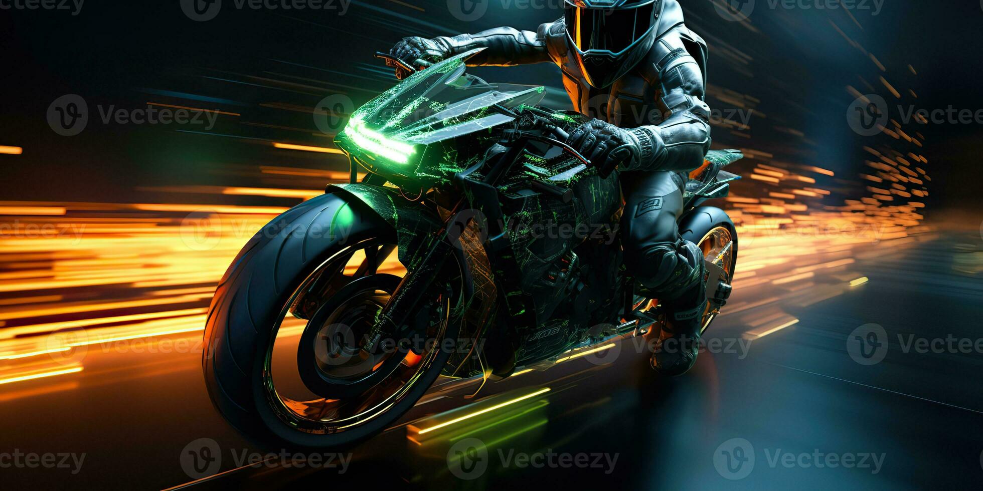 AI Generated. AI Generative. Motorbike biker rider on sport future motorcycle in motion move. Cyberpunk synthwave vibe. Graphic Art photo