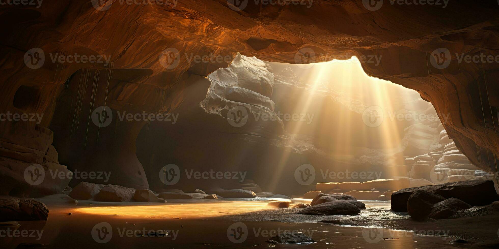 AI Generated. AI Generative. Old deep cave under earth witn sun ray light from above. Graphic Art photo