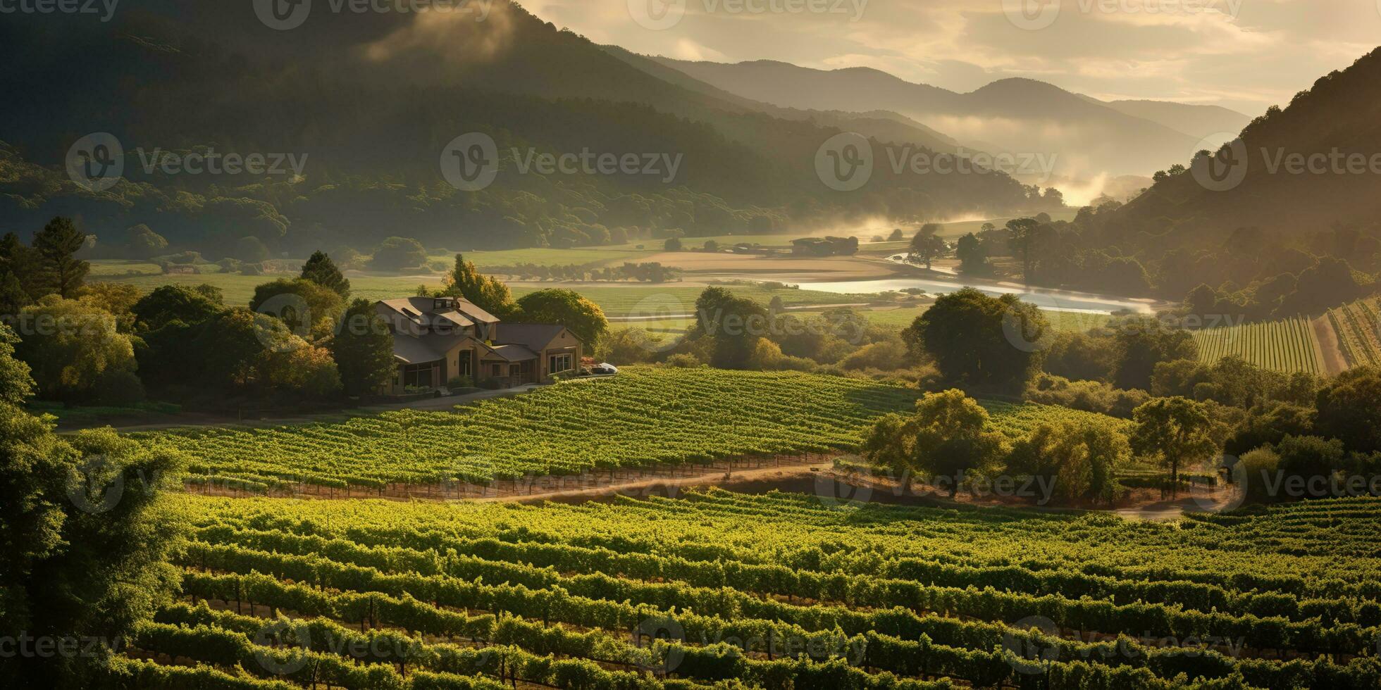 AI Generated. AI Generative. Green fresh outdoor nature farm countryside vineyard landscape background. Graphic Art photo