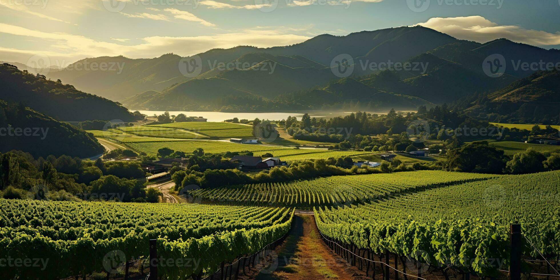 AI Generated. AI Generative. Green fresh outdoor nature farm countryside vineyard landscape background. Graphic Art photo