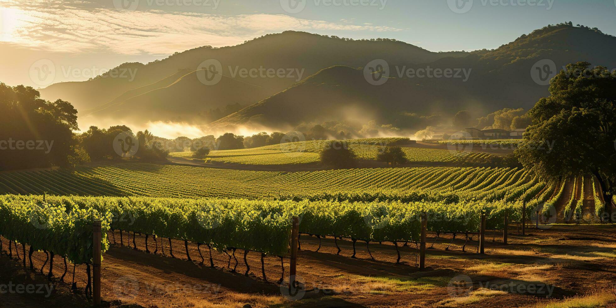 AI Generated. AI Generative. Green fresh outdoor nature farm countryside vineyard landscape background. Graphic Art photo