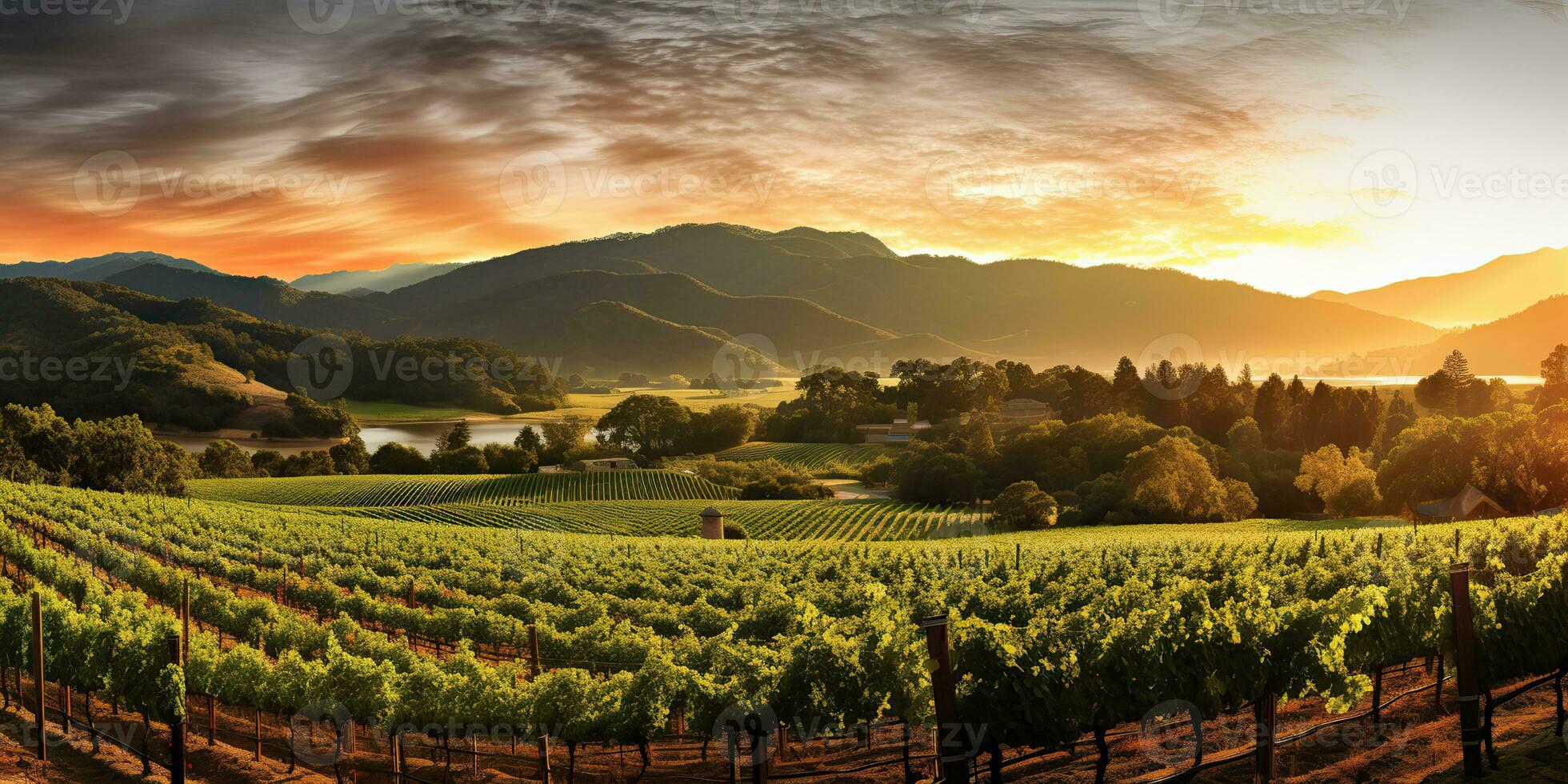 AI Generated. AI Generative. Green fresh outdoor nature farm countryside vineyard landscape background. Graphic Art photo