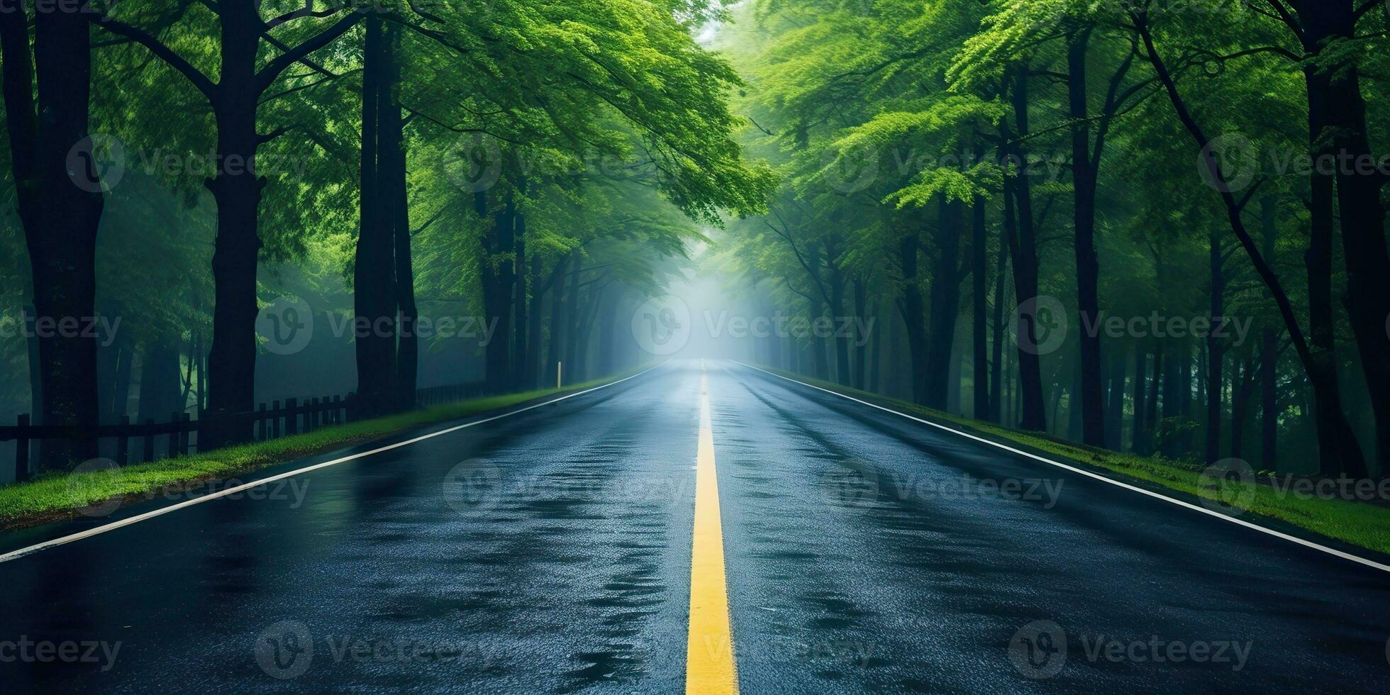 AI Generated. AI Generative. Outdoor nature landsacpe forest tree road highway path landscape background. Graphic Art photo