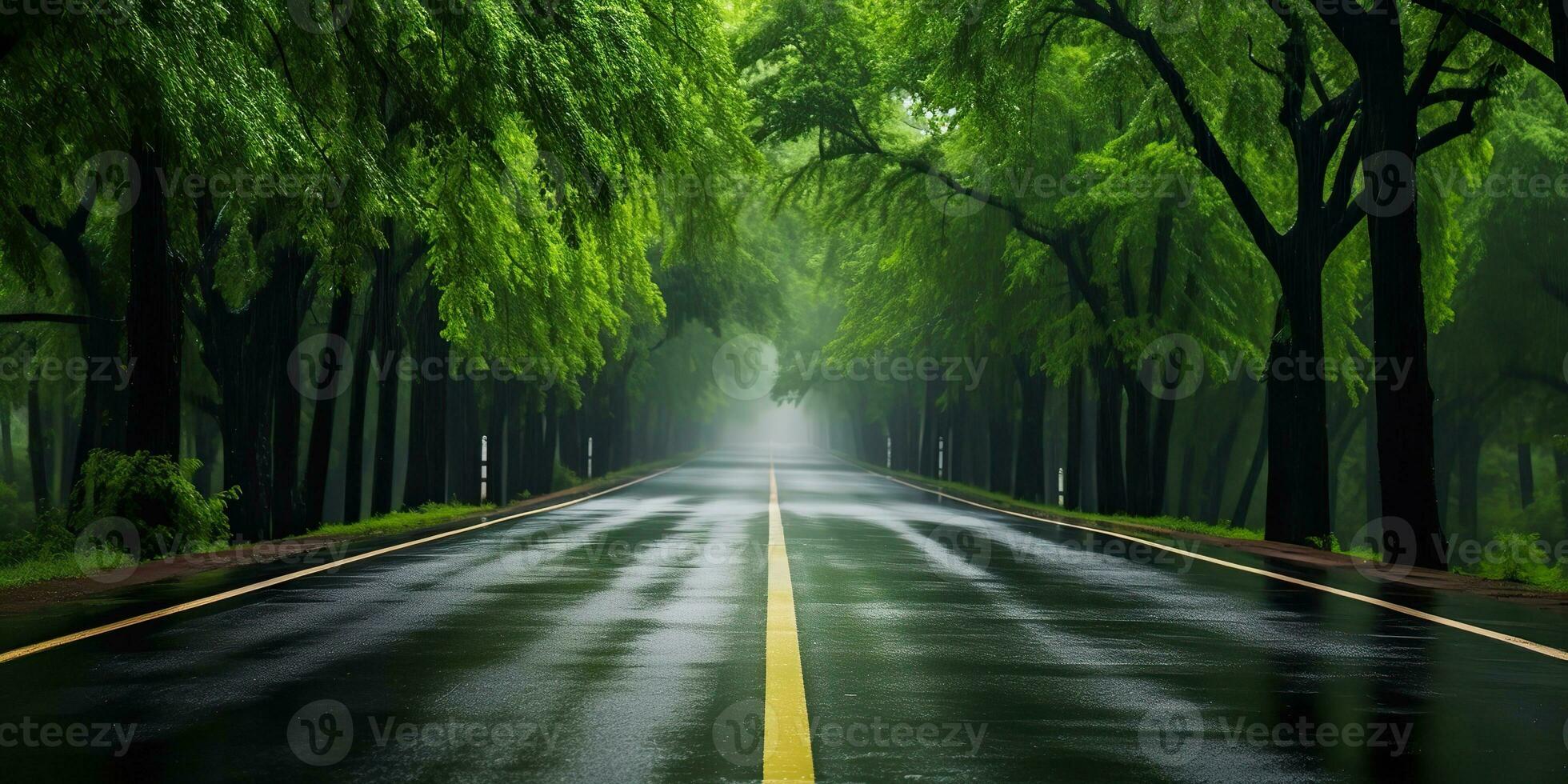 AI Generated. AI Generative. Outdoor nature landsacpe forest tree road highway path landscape background. Graphic Art photo