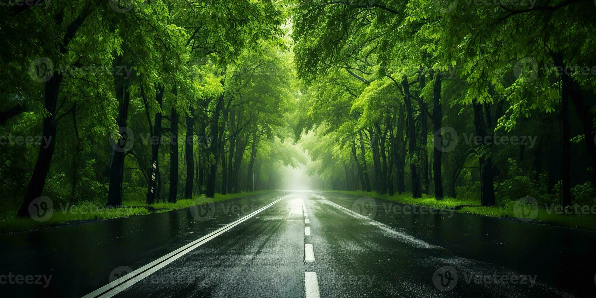 AI Generated. AI Generative. Outdoor nature landsacpe forest tree road highway path landscape background. Graphic Art photo