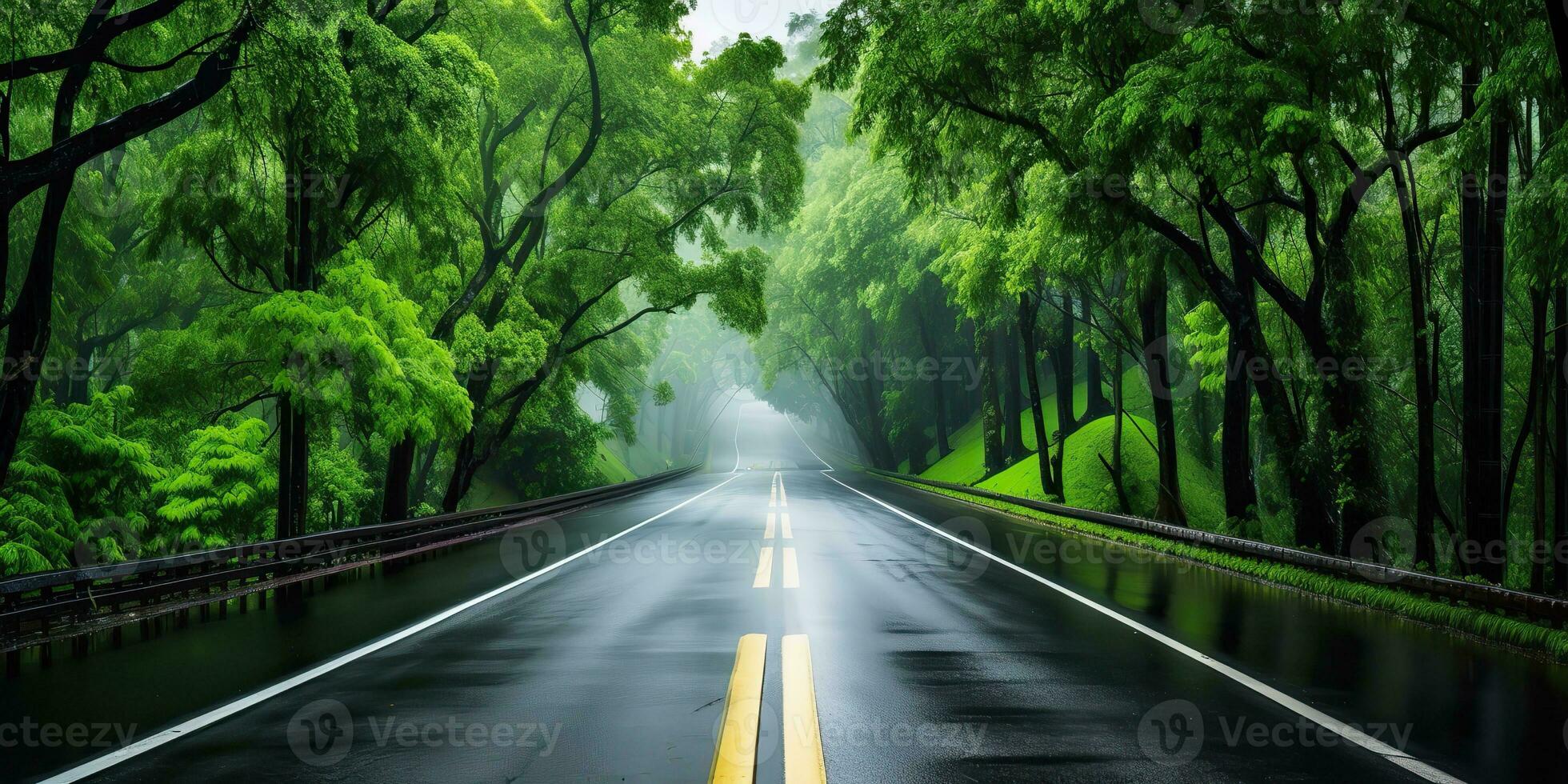 AI Generated. AI Generative. Outdoor nature landsacpe forest tree road highway path landscape background. Graphic Art photo