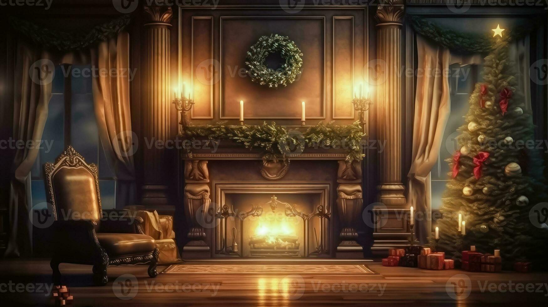 Christmas Elegance - Fireplace, Festive Tree and Gifts - Generative AI photo