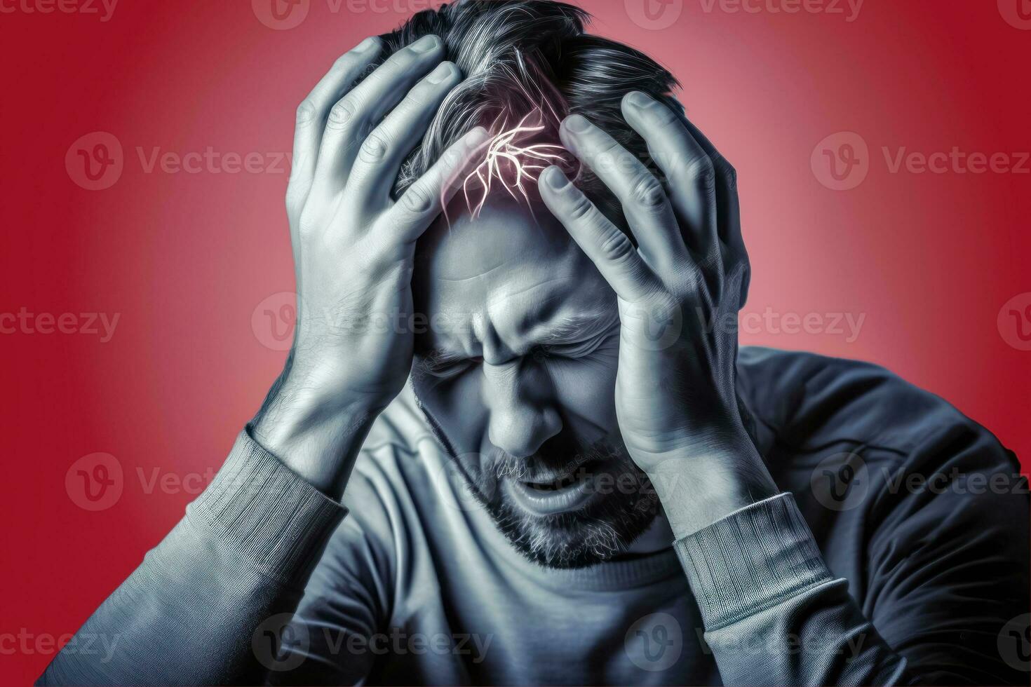 Experiencing Intense Pain - Man Suffers from Severe Headache - Generative AI photo