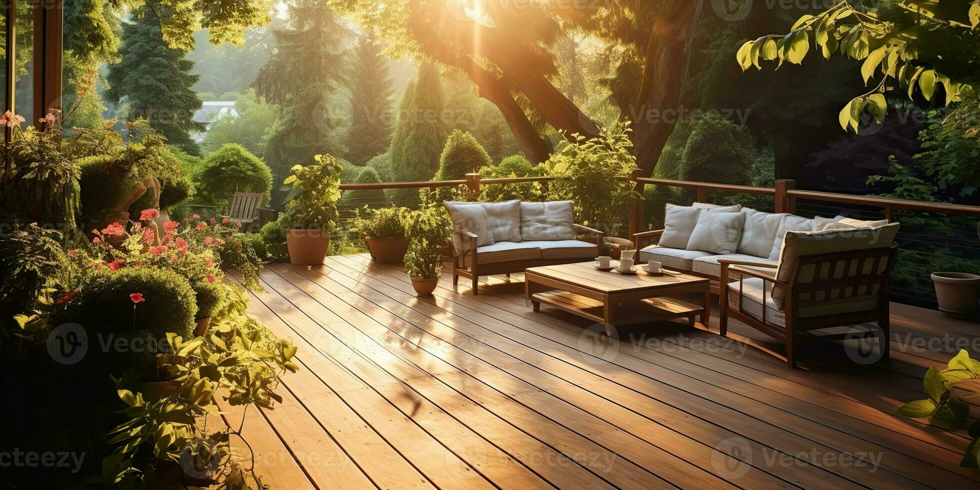 AI Generated. AI Generative. Outdoor nature exterior home house hotel architecture garden with cozy sofa and table. Many plants and flowers at sunset time. Graphic Art photo