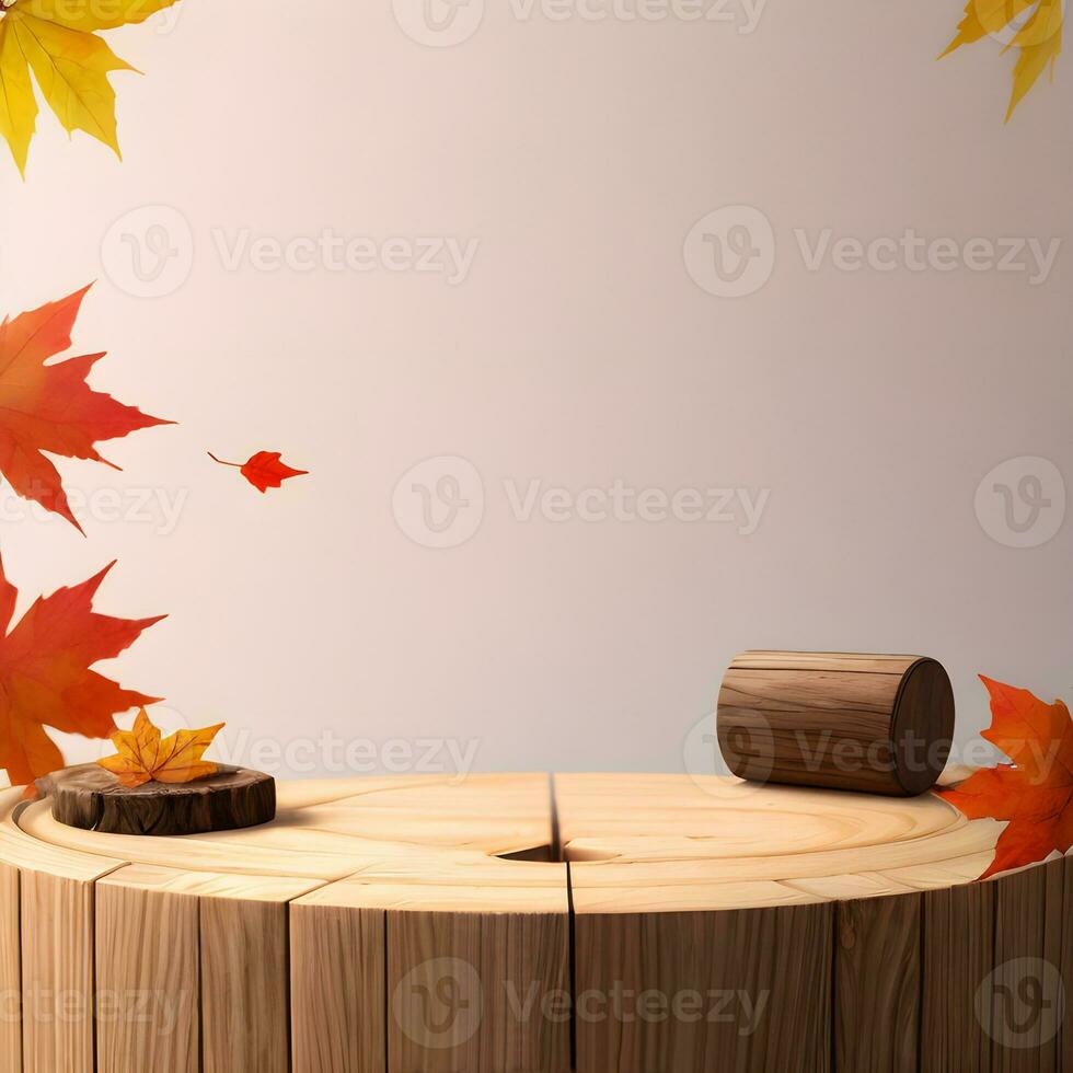 autumn wooden podium product display mockup with maple leaves ai generated photo