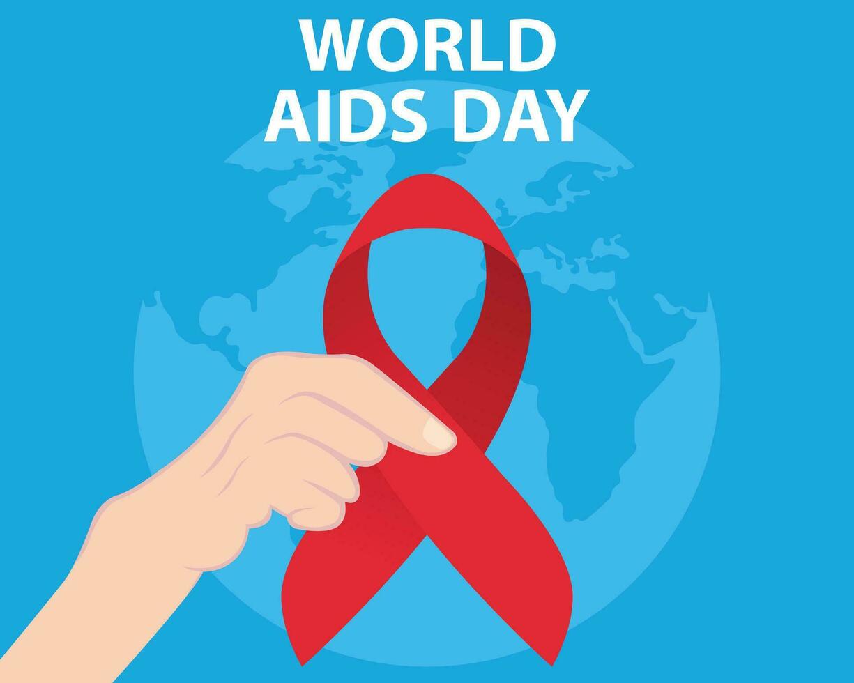 illustration vector graphic of hand holding a red ribbon, showing a world map, perfect for international day, world aids day, celebrate, greeting card, etc.