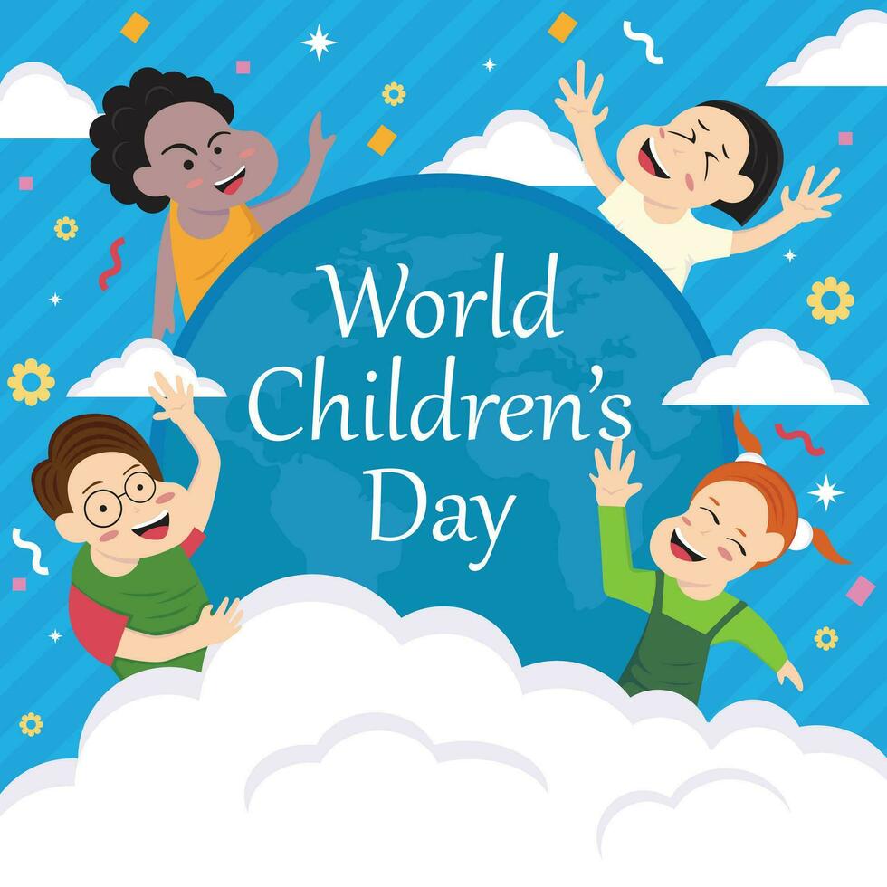 illustration vector graphic of children are playing behind the clouds and earth, perfect for international day, world childrens day, celebrate, greeting card, etc.