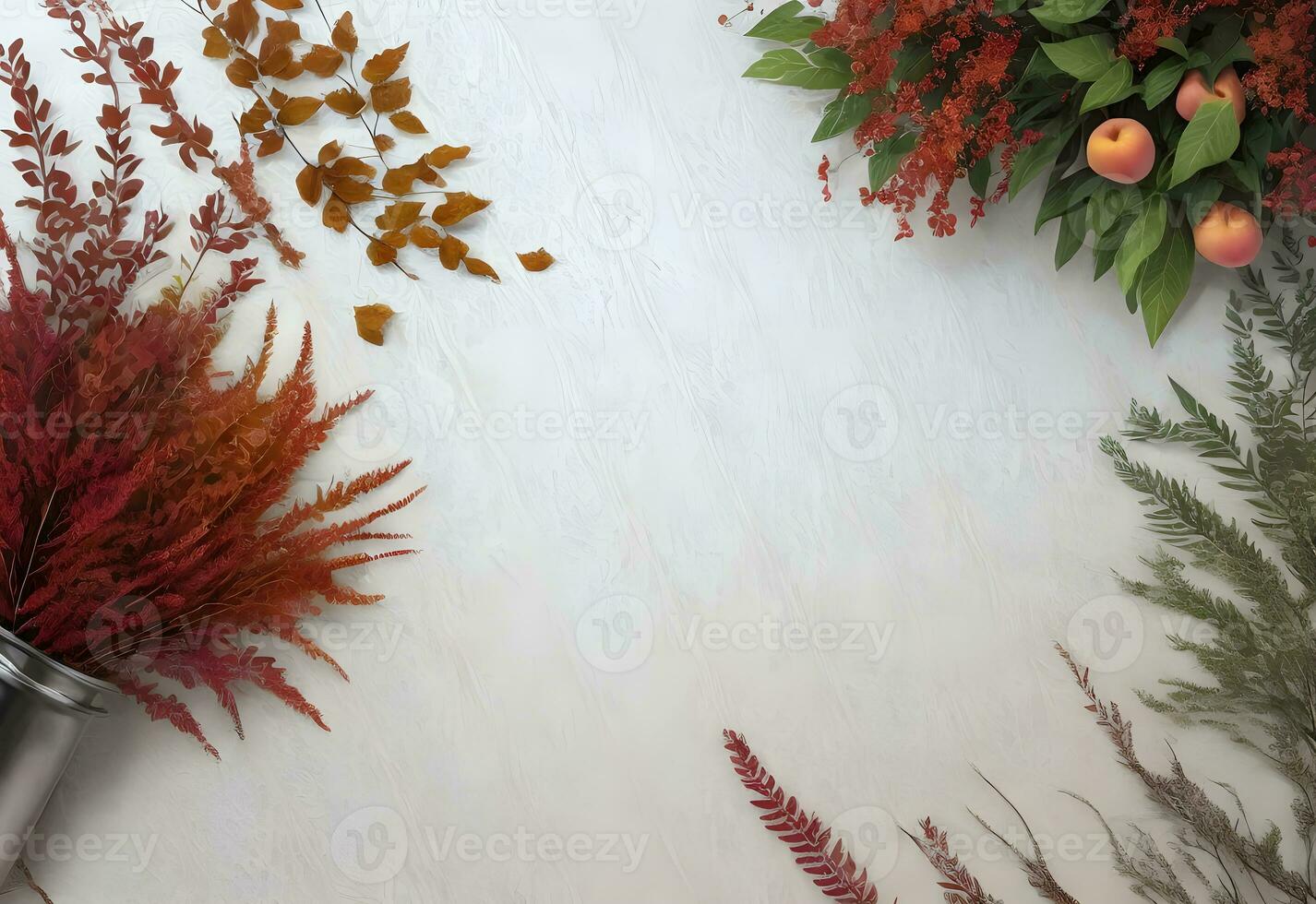 autumn leaves and flower flat lay decoration with copy space background ai generated photo