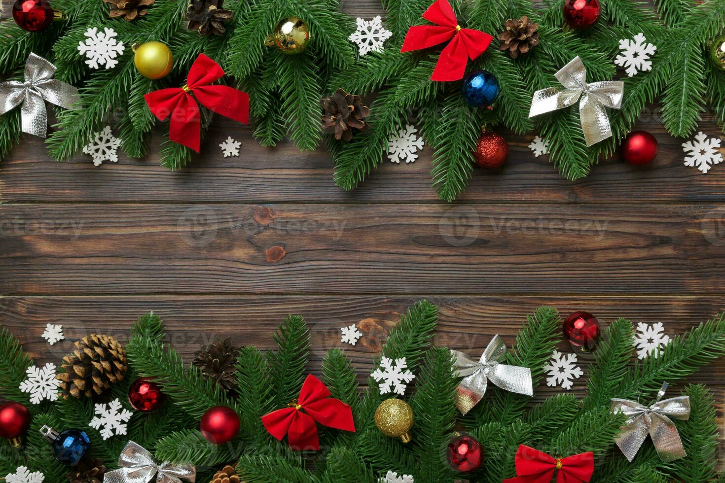 Christmas background with fir branches and Christmas decor. Top view, copy space for text photo