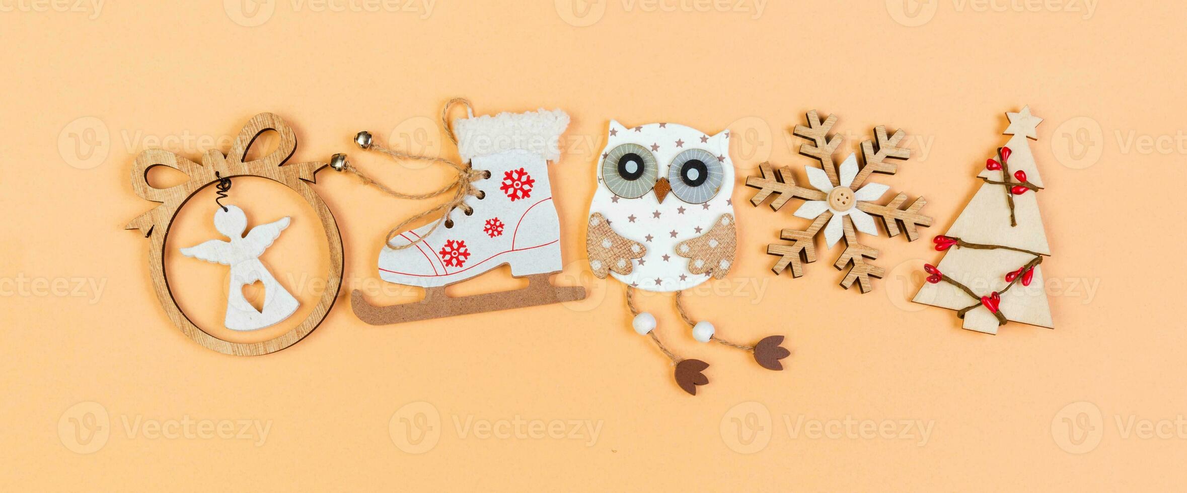 Top view Banner of holiday ornament made of Christmas decorations on colorful background. New Year time concept with copy space photo