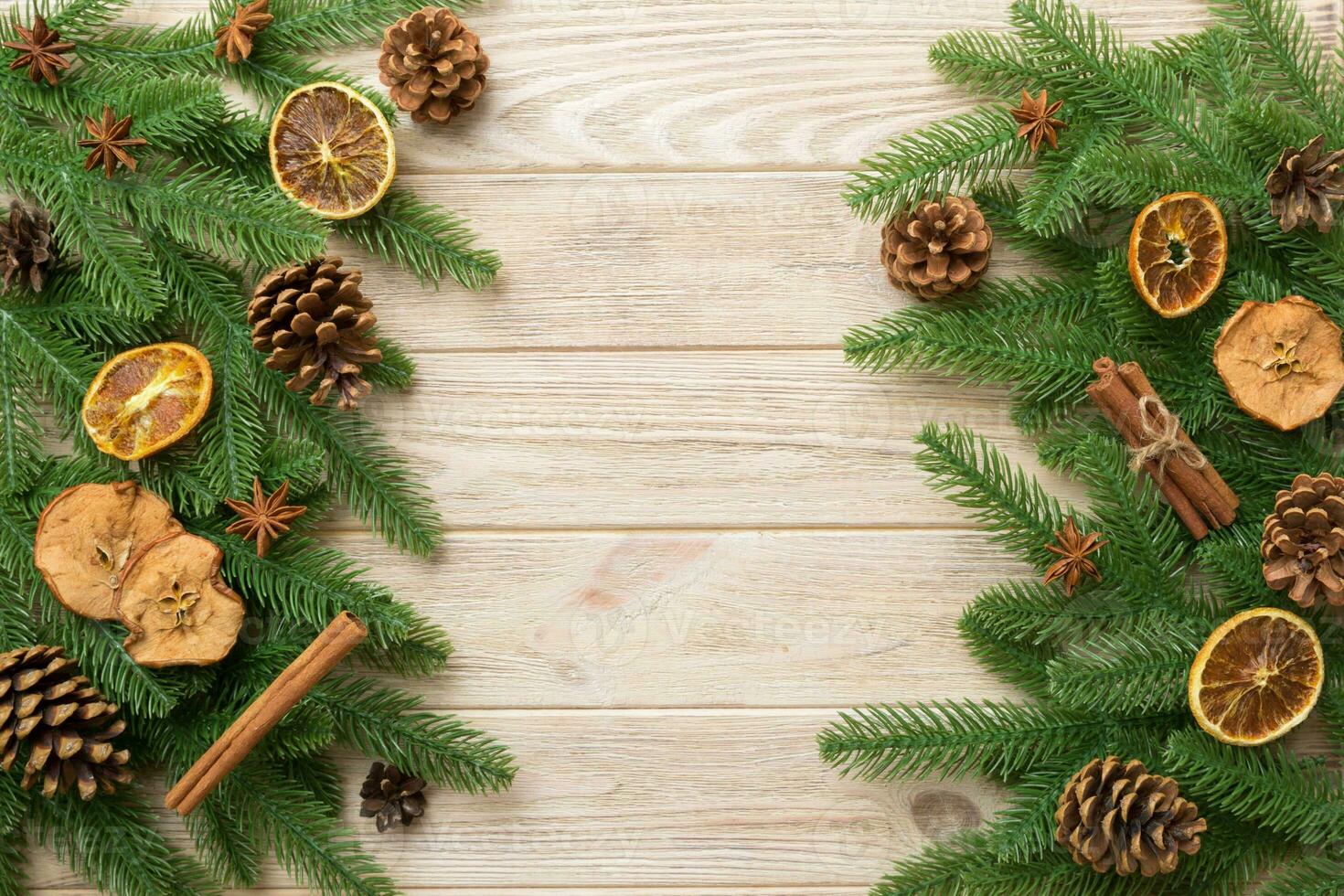 Christmas background with fir branches and Christmas decor. Top view, copy space for text photo