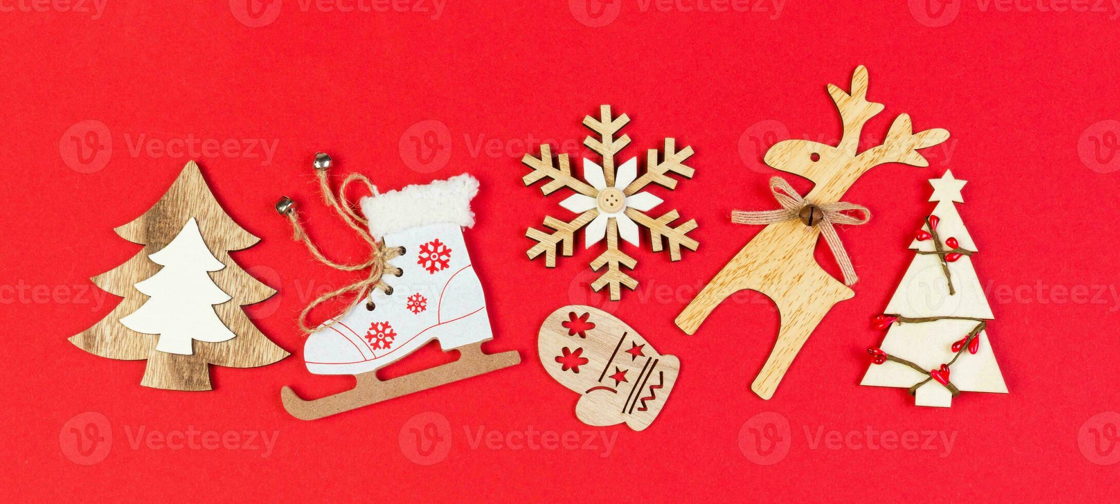 Top view Christmas toys and decorations on colorful background. Banner New Year holiday concept with copy space photo