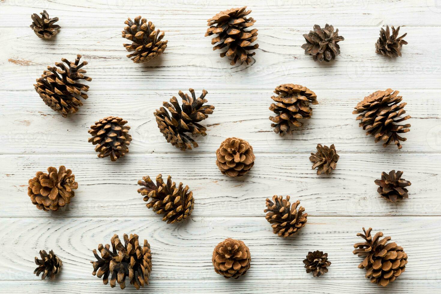 pine cones on colored table. natural holiday background with pinecones grouped together. Flat lay. Winter concept photo