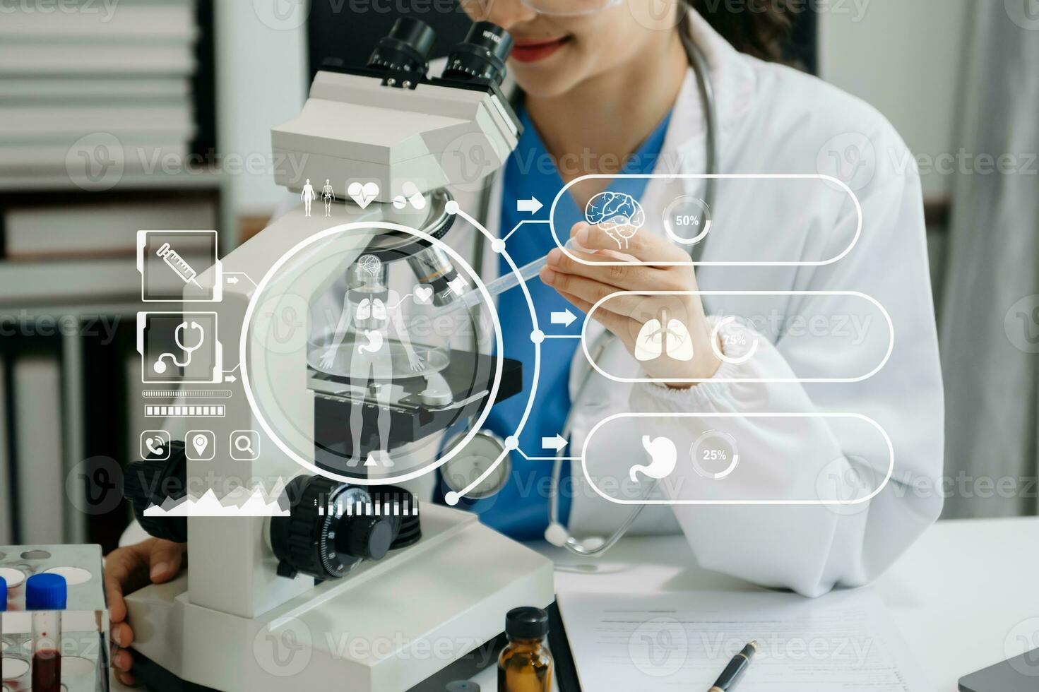 DNA molecule testing concepts. The doctor in a mask examines DNA molecules on the chemical laboratory with virtual icon photo