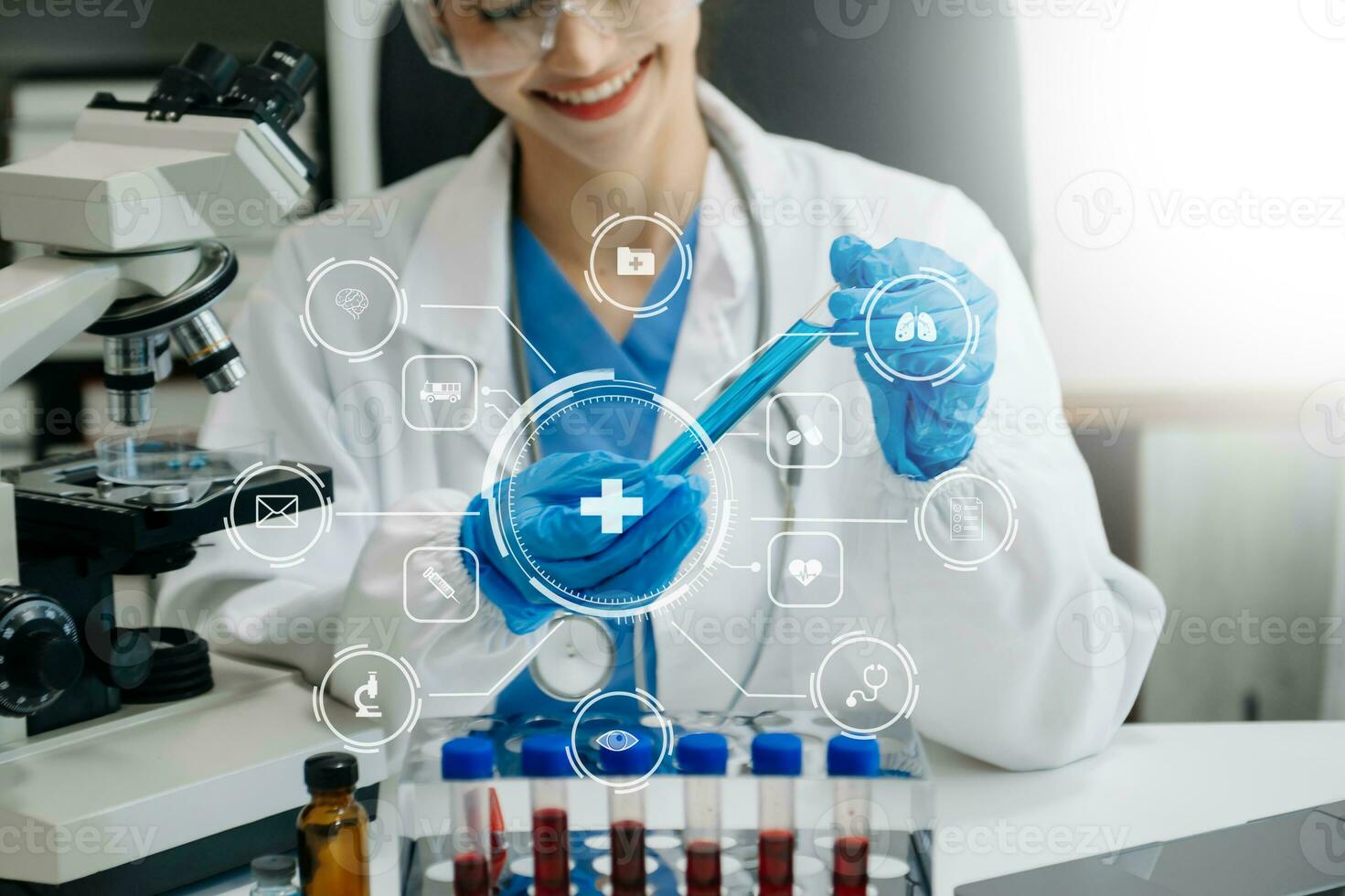 DNA molecule testing concepts. The doctor in a mask examines DNA molecules on the chemical laboratory with virtual icon photo