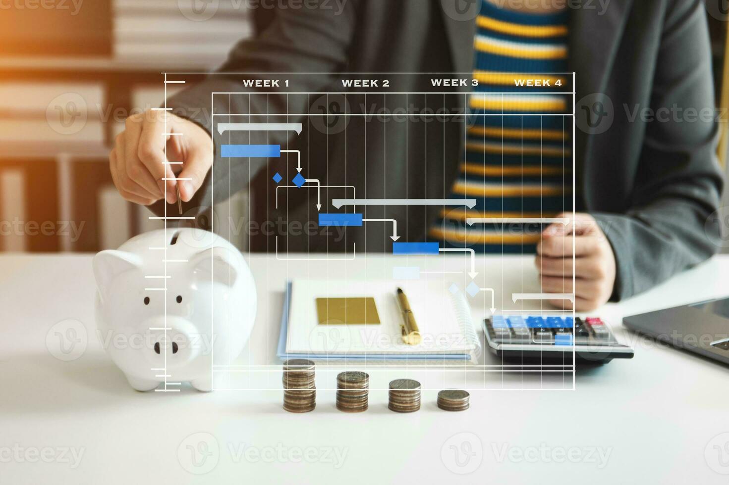 Business woman hand putting money coin into piggy bank with step of growing stack coins for saving money with virtual icon photo