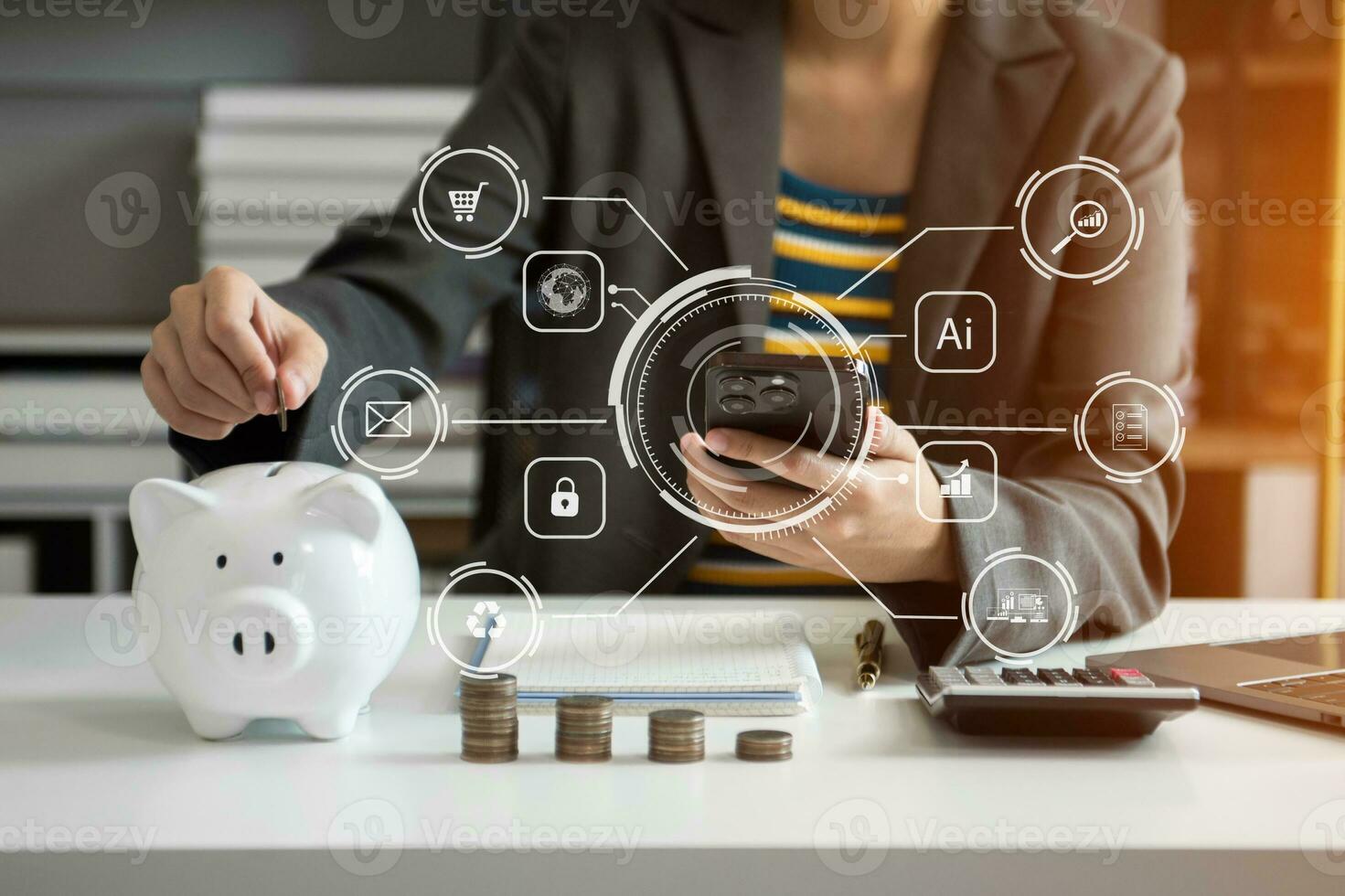Business woman hand putting money coin into piggy bank with step of growing stack coins for saving money with virtual icon photo