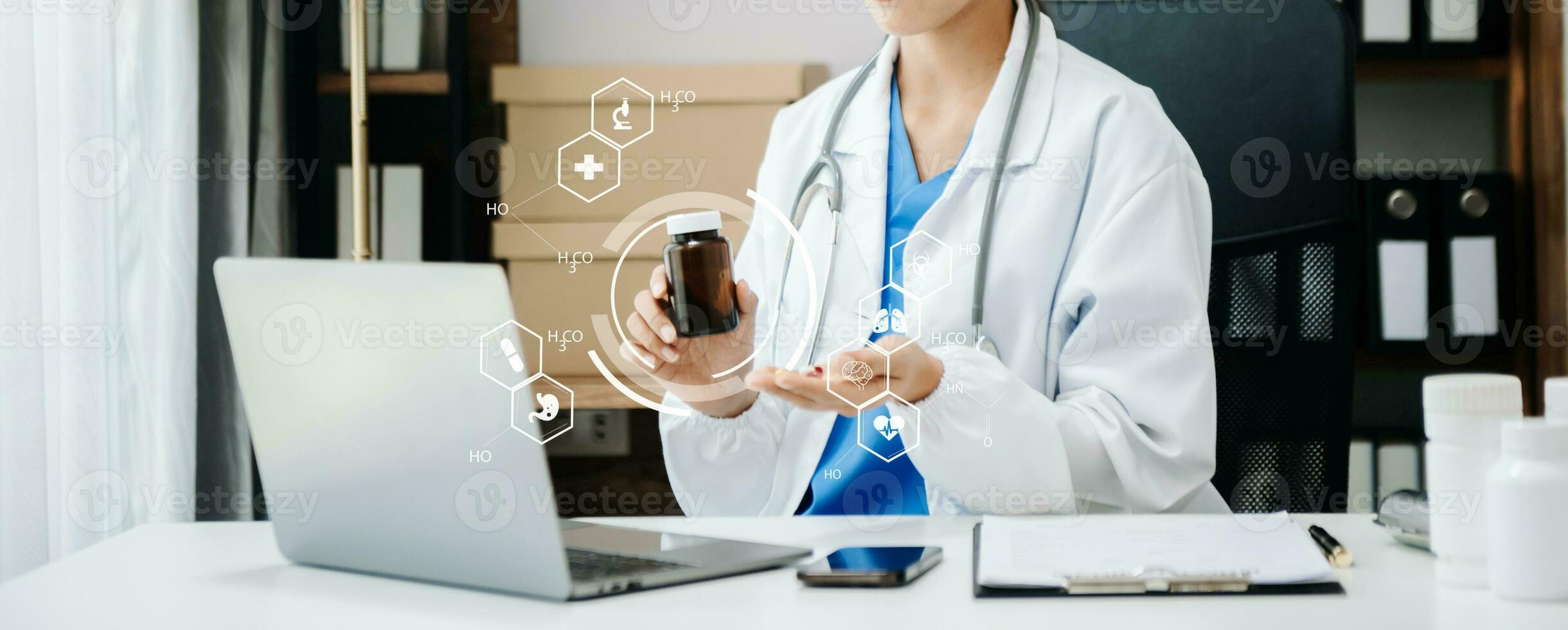 Medicine doctor using digital tablet and smartphone diagnose virtual electronic medical record on interface.Digital healthcare and network on virtual screen technology photo