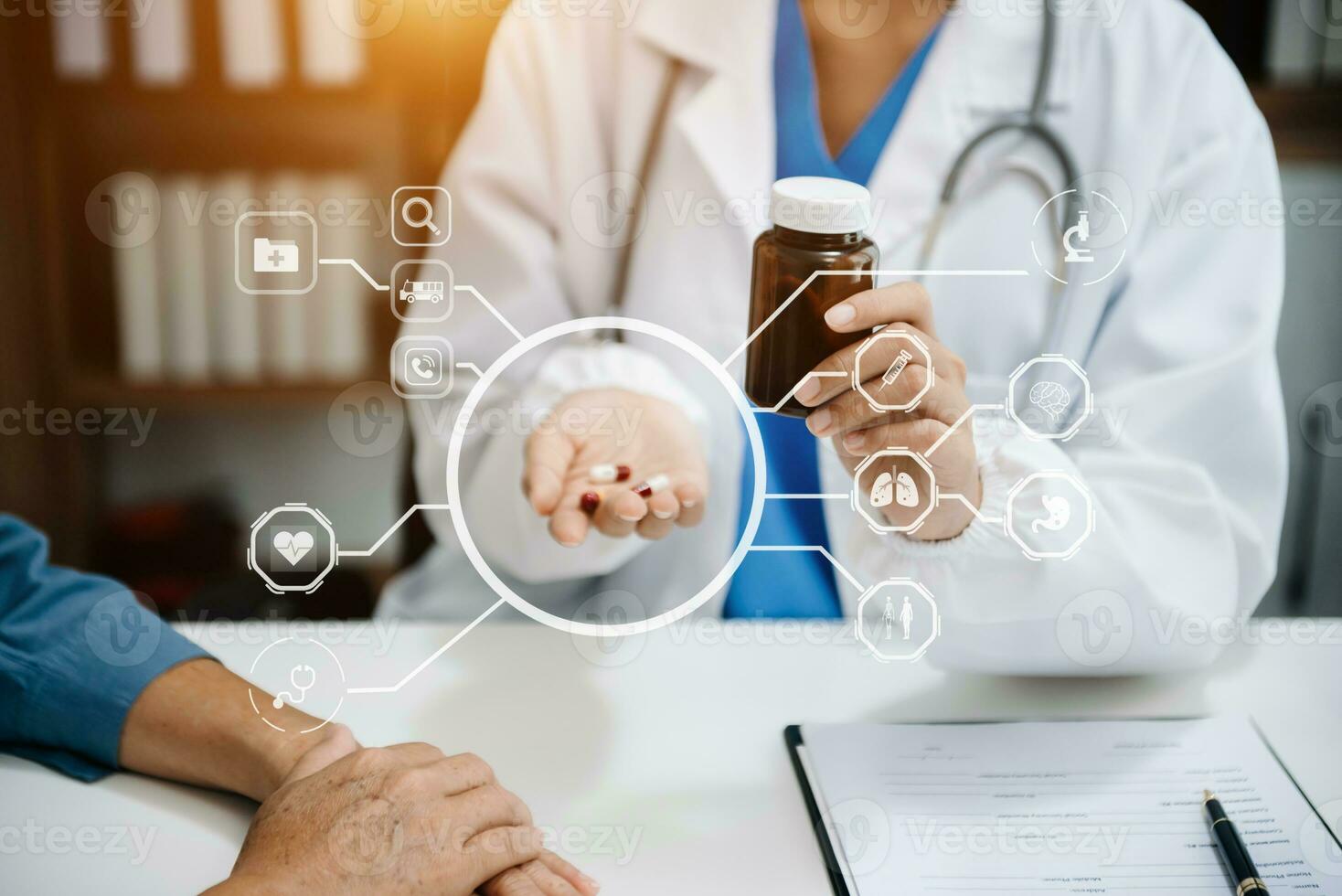 Medicine doctor using digital tablet and smartphone diagnose virtual electronic medical record on interface.Digital healthcare and network on virtual screen technology photo