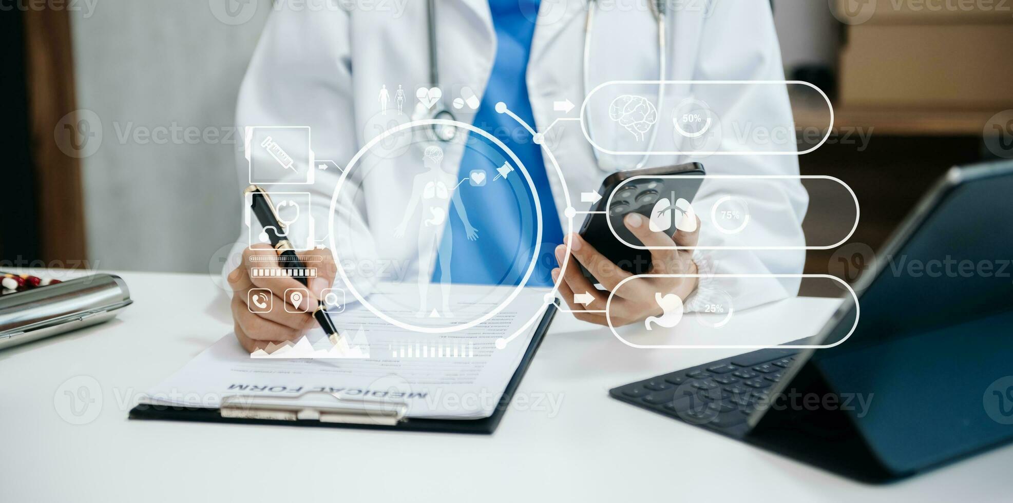 Medicine doctor using digital tablet and smartphone diagnose virtual electronic medical record on interface.Digital healthcare and network on virtual screen technology photo