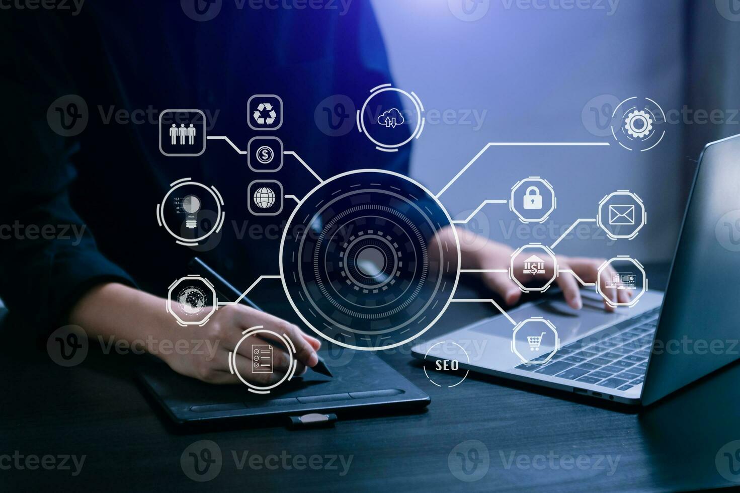 Business report, analysis and planning, Business hand pointing at business document and a tablet, smartphone and laptop displaying financial data with virtual icon photo