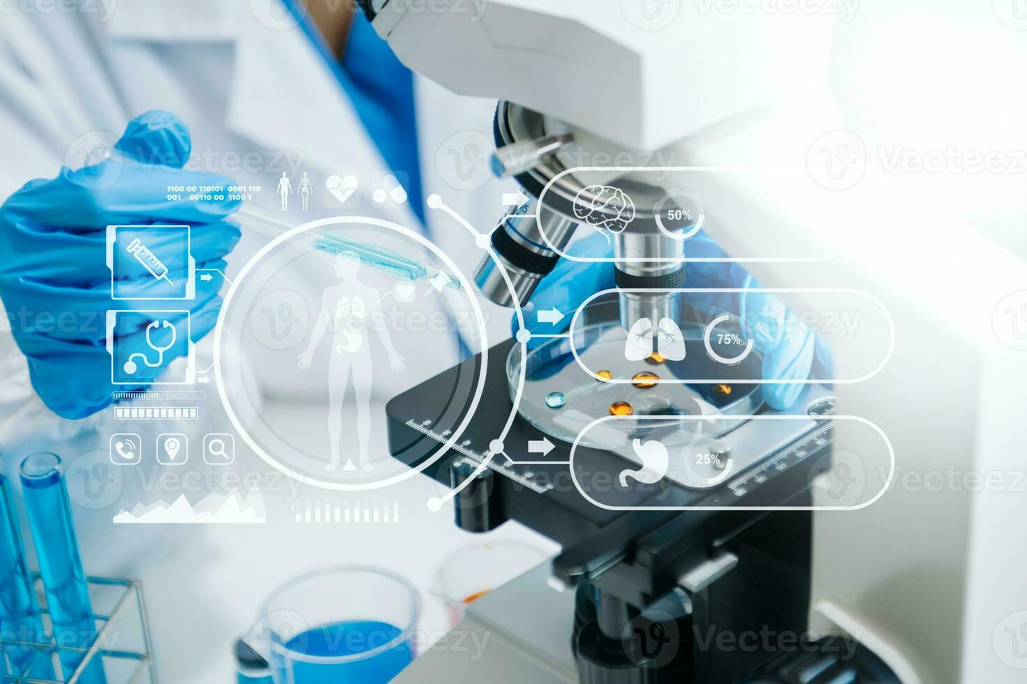 DNA molecule testing concepts. The doctor in a mask examines DNA molecules on the chemical laboratory with virtual icon photo