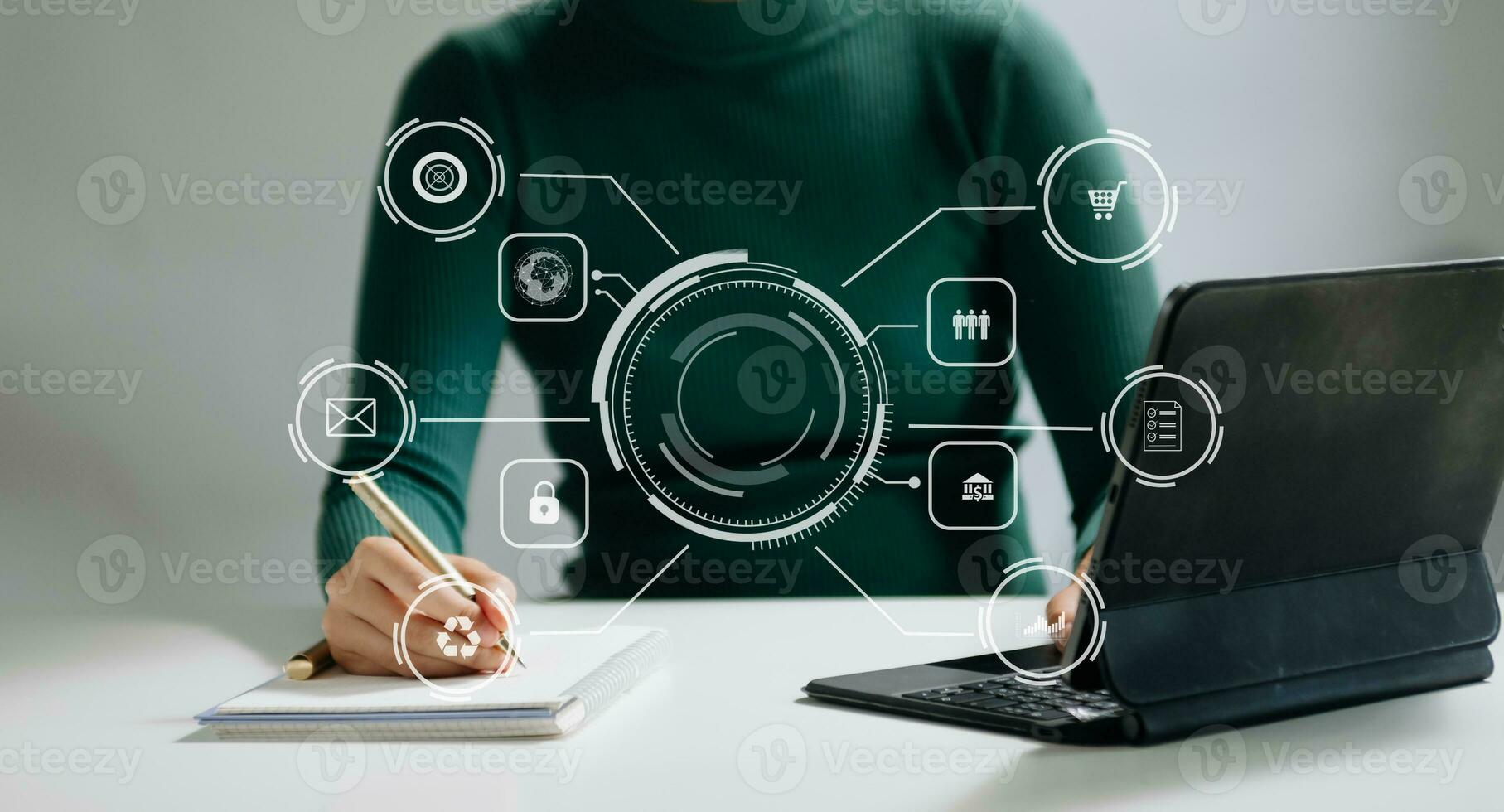 Business report, analysis and planning, Business hand pointing at business document and a tablet, smartphone and laptop displaying financial data with virtual icon photo
