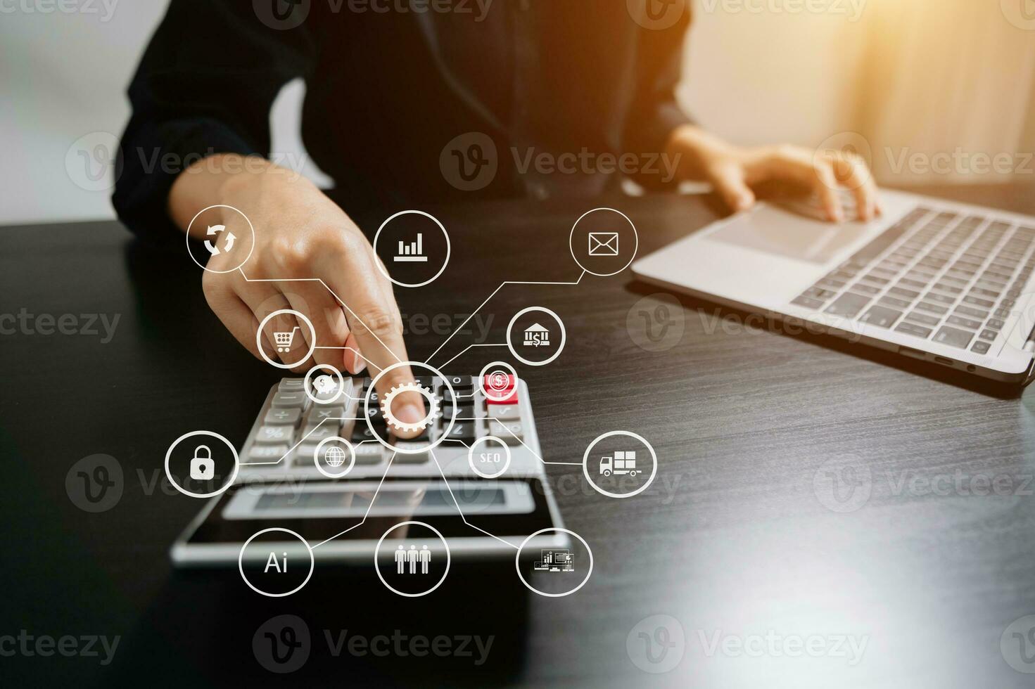 Business report, analysis and planning, Business hand pointing at business document and a tablet, smartphone and laptop displaying financial data with virtual icon photo