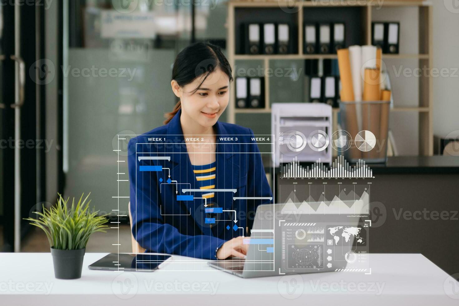 Businessman hand Project manager working and update tasks and Gantt chart scheduling virtual diagram.with smart phone, tablet and laptop in office. photo