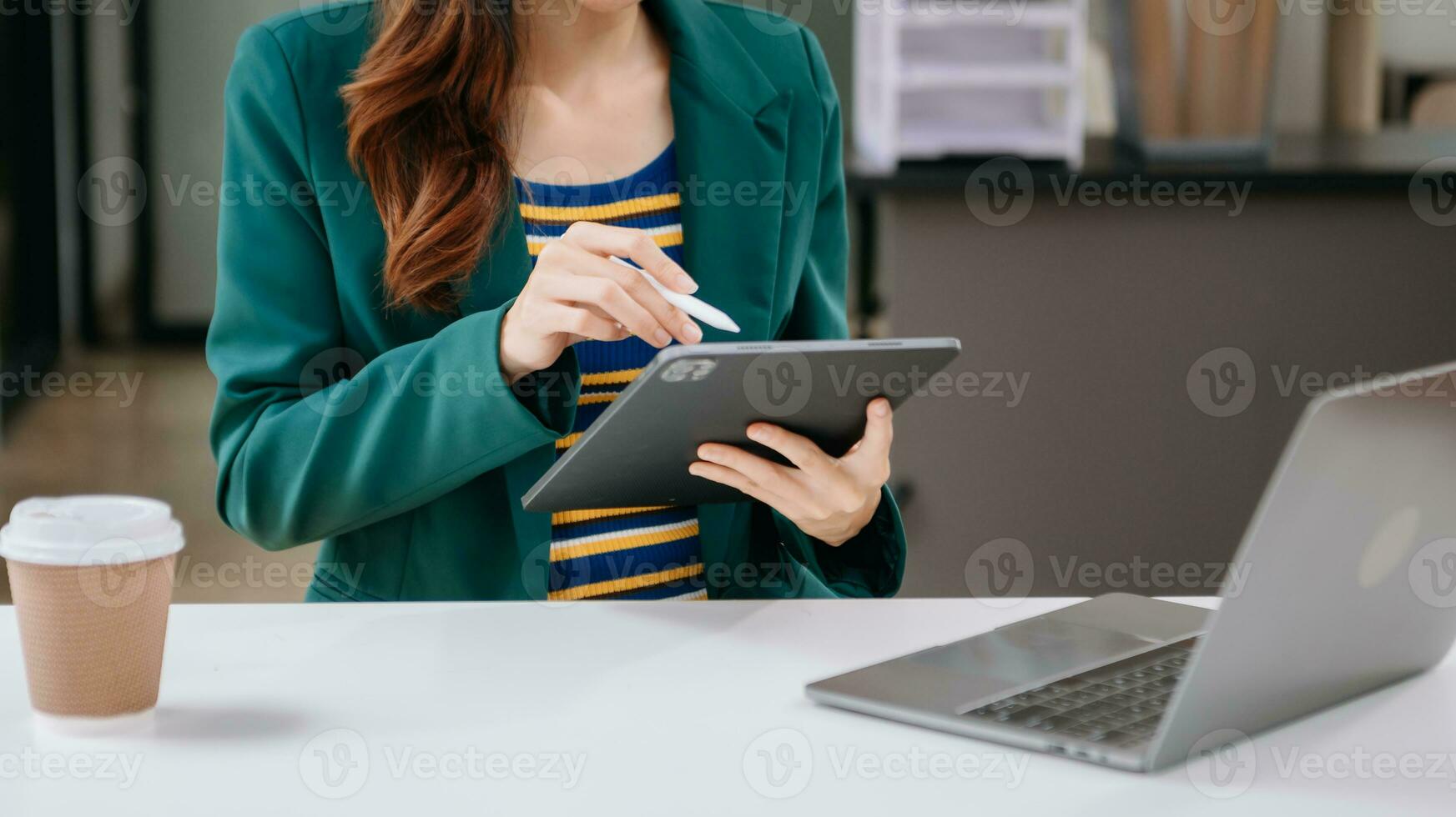 Working Process in Modern Office. Young Woman Account Manager Working at Table with New Business Project. Typing keyboard Laptop. Horizontal. photo