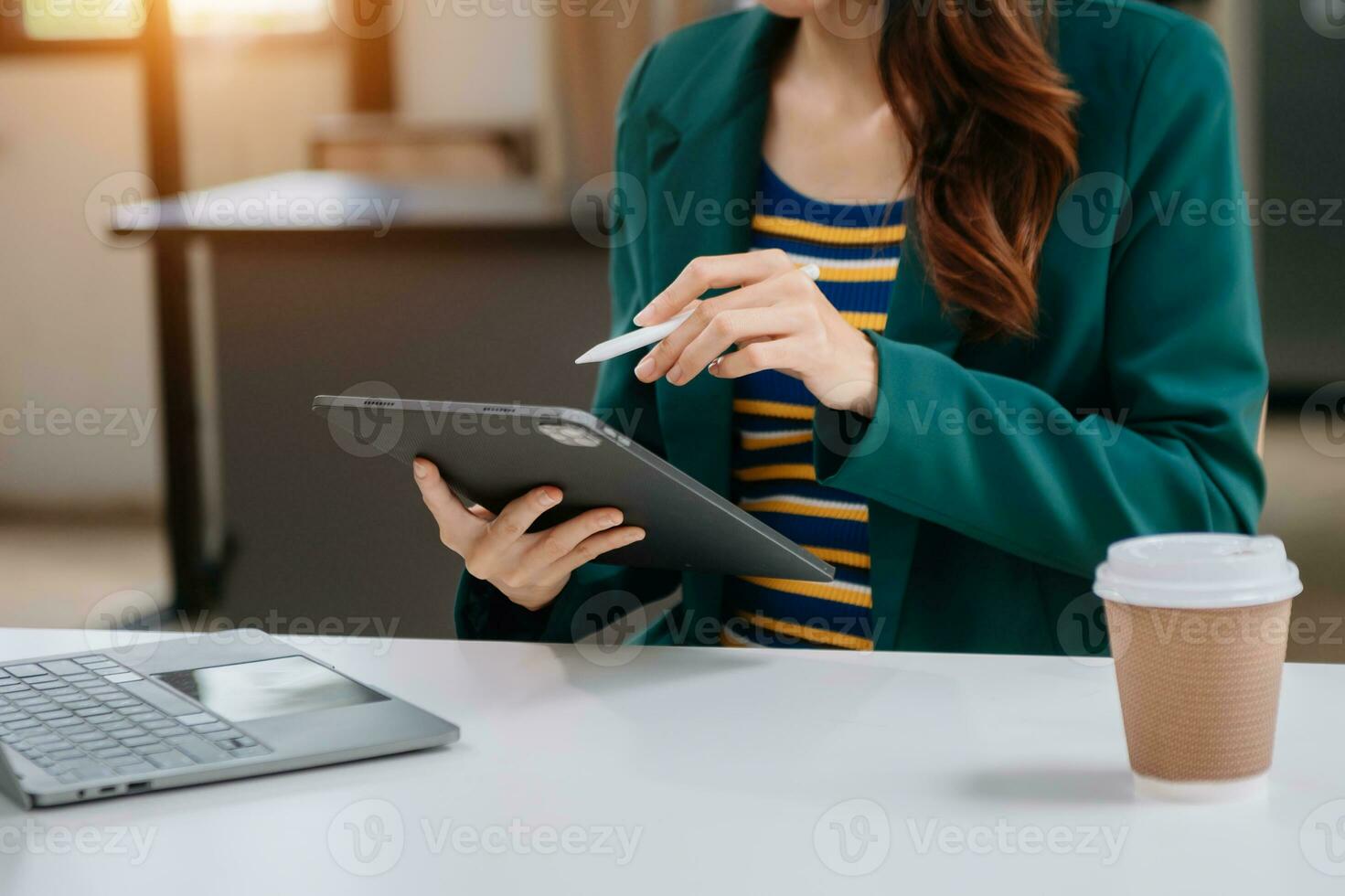 Working Process in Modern Office. Young Woman Account Manager Working at Table with New Business Project. Typing keyboard Laptop. Horizontal. photo